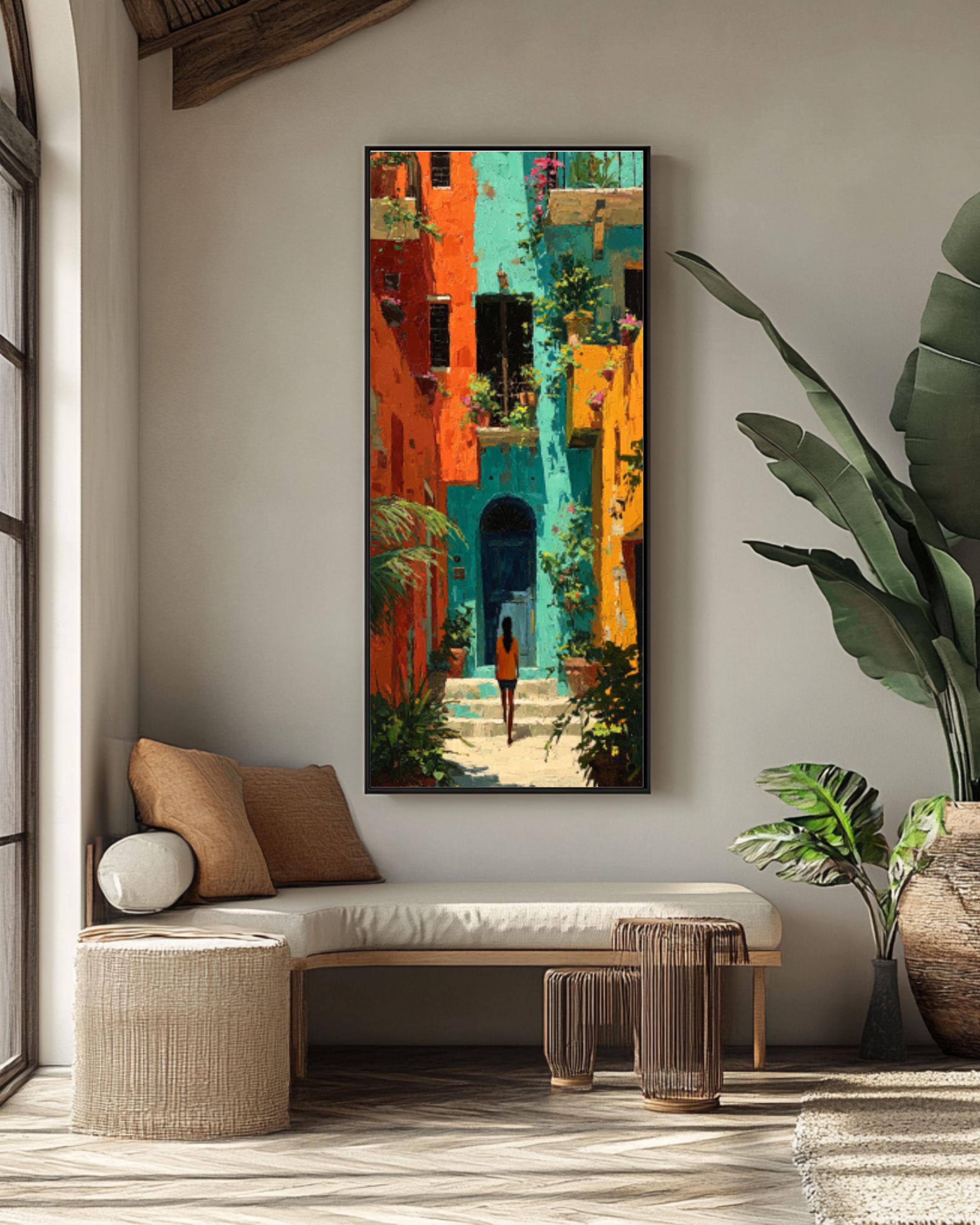 Mediterranean Courtyard Travel Wall Art – Orange & Teal European Decor Print