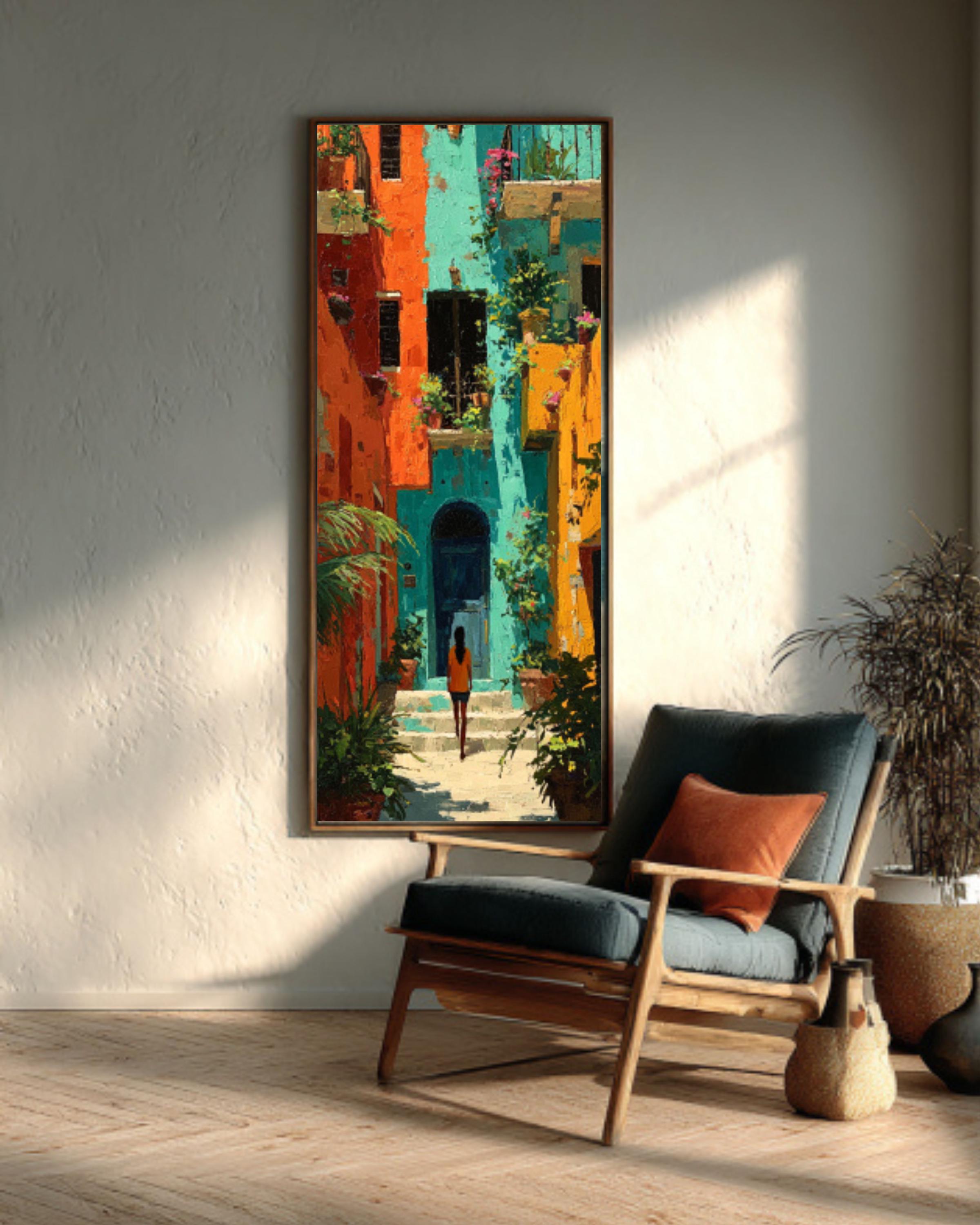 Mediterranean Courtyard Travel Wall Art – Orange & Teal European Decor Print