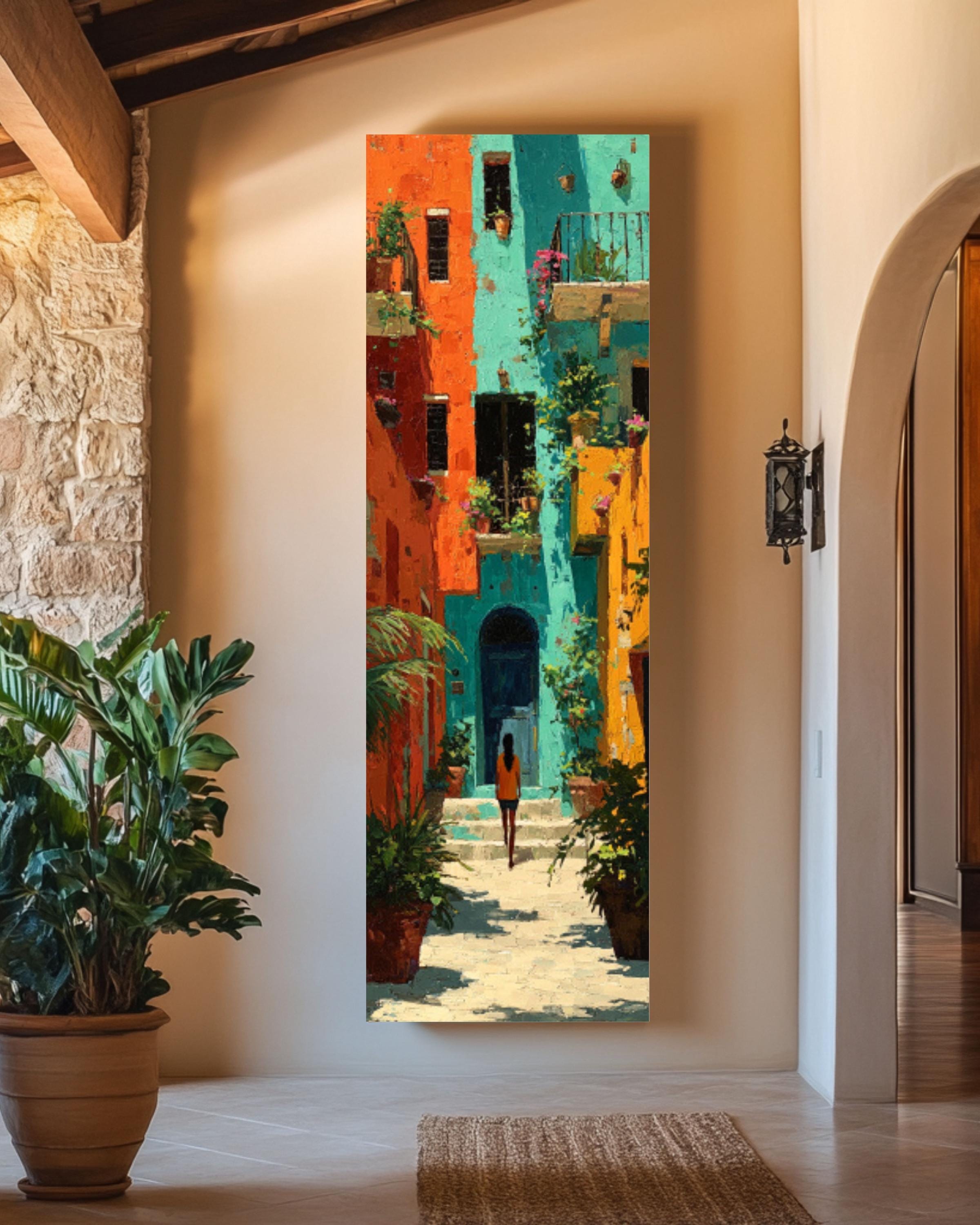 mediterranean courtyard art print orange teal travel decor