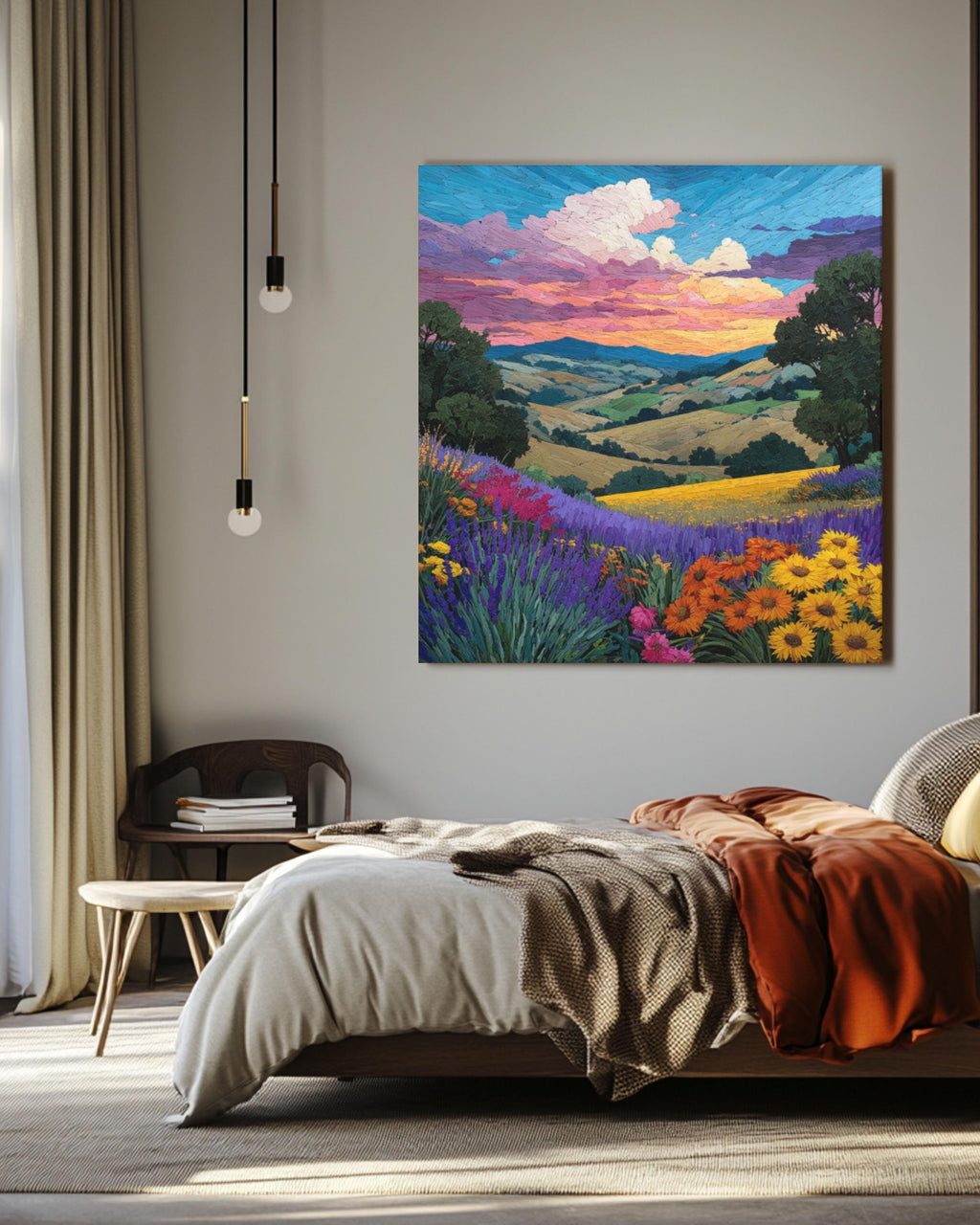 Monet-Inspired Sunset Landscape Art â€“ Wildflower & Lavender Fields Print Canvas Wall Art Print – Premium Home Decor