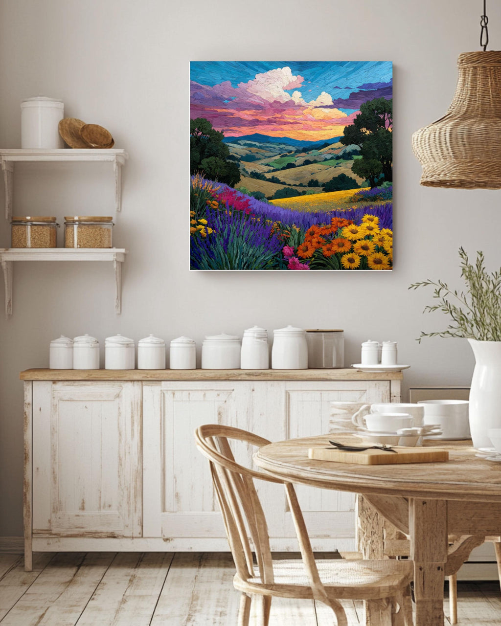 Monet-Inspired Sunset Landscape Art â€“ Wildflower & Lavender Fields Print Canvas Wall Art Print – Premium Home Decor