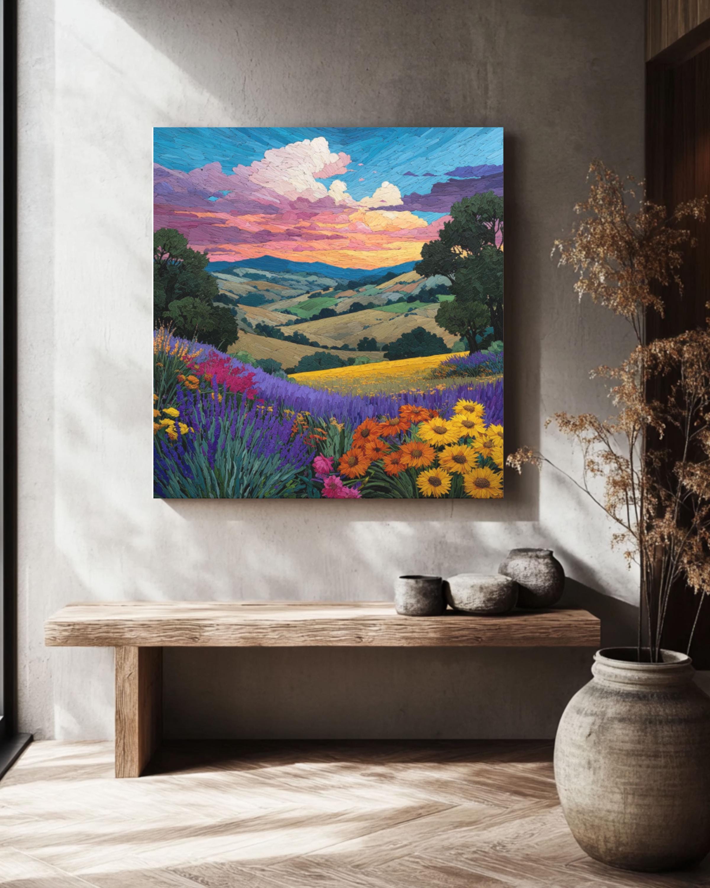 Monet-Inspired Sunset Landscape Art â€“ Wildflower & Lavender Fields Print Canvas Wall Art Print – Premium Home Decor