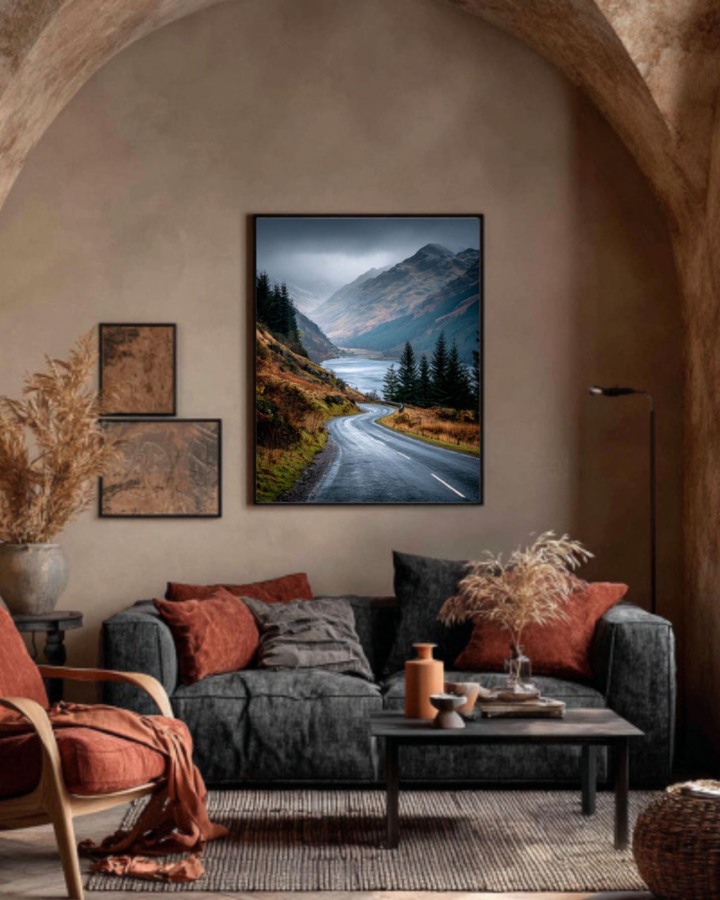 scottish highlands road canvas print misty mountain loch