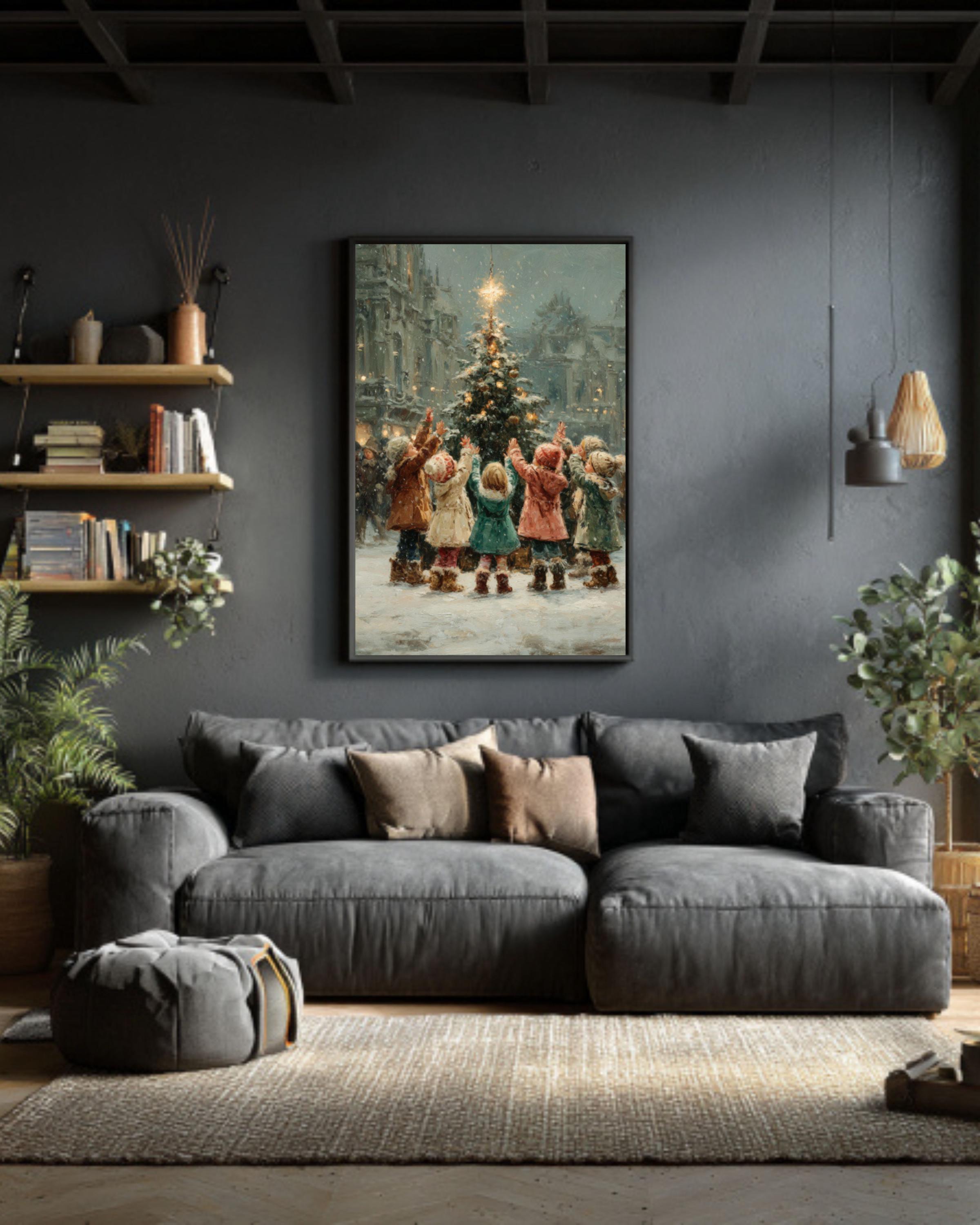 Children Lighting Tree Wall Art – Vintage Christmas Oil Painting Print