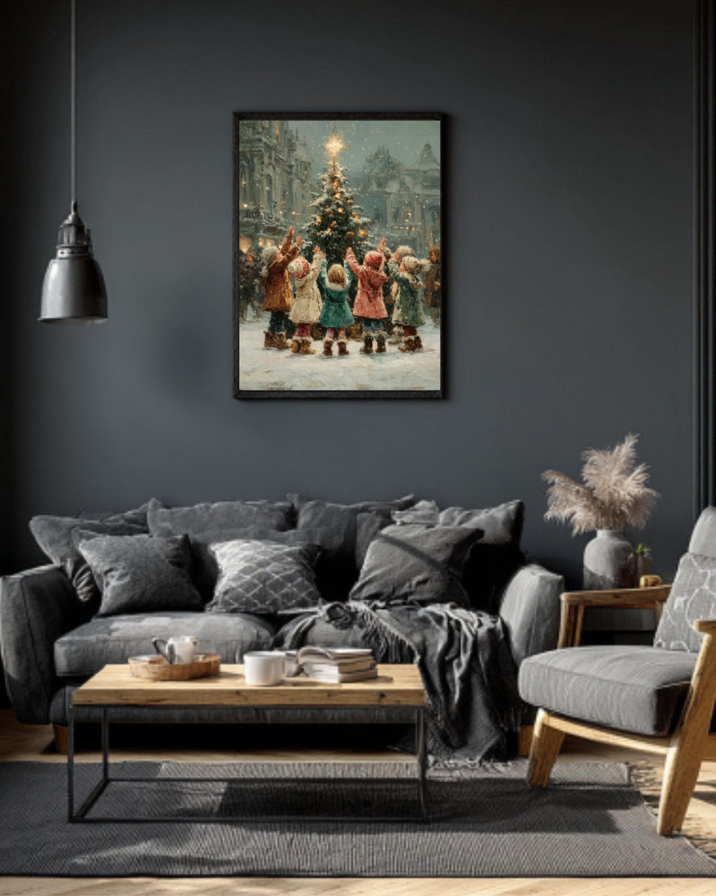 Children Lighting Tree Wall Art – Vintage Christmas Oil Painting Print