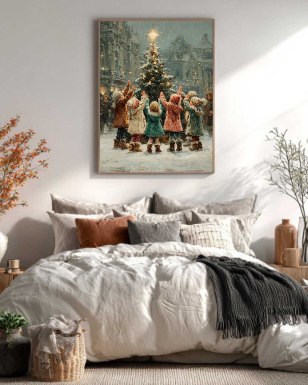 Children Lighting Tree Wall Art – Vintage Christmas Oil Painting Print