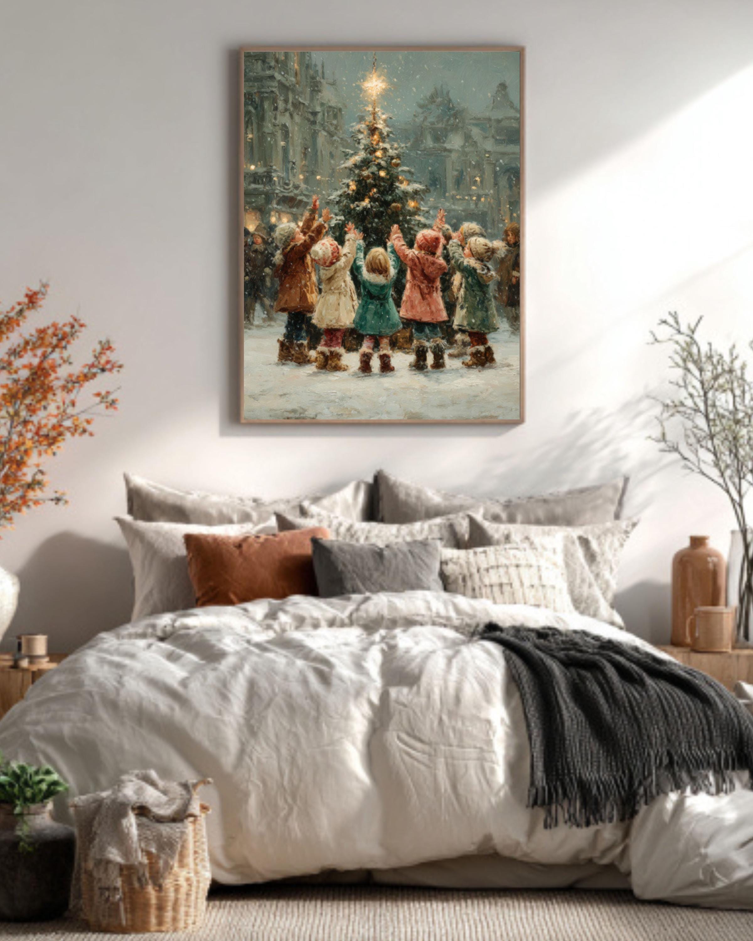 Children Lighting Tree Wall Art – Vintage Christmas Oil Painting Print
