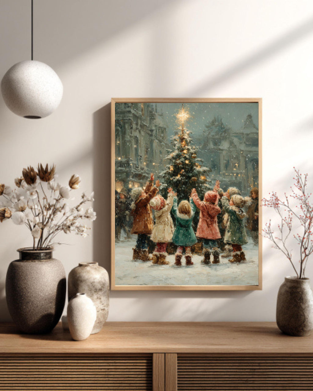 Children Lighting Tree Wall Art – Vintage Christmas Oil Painting Print