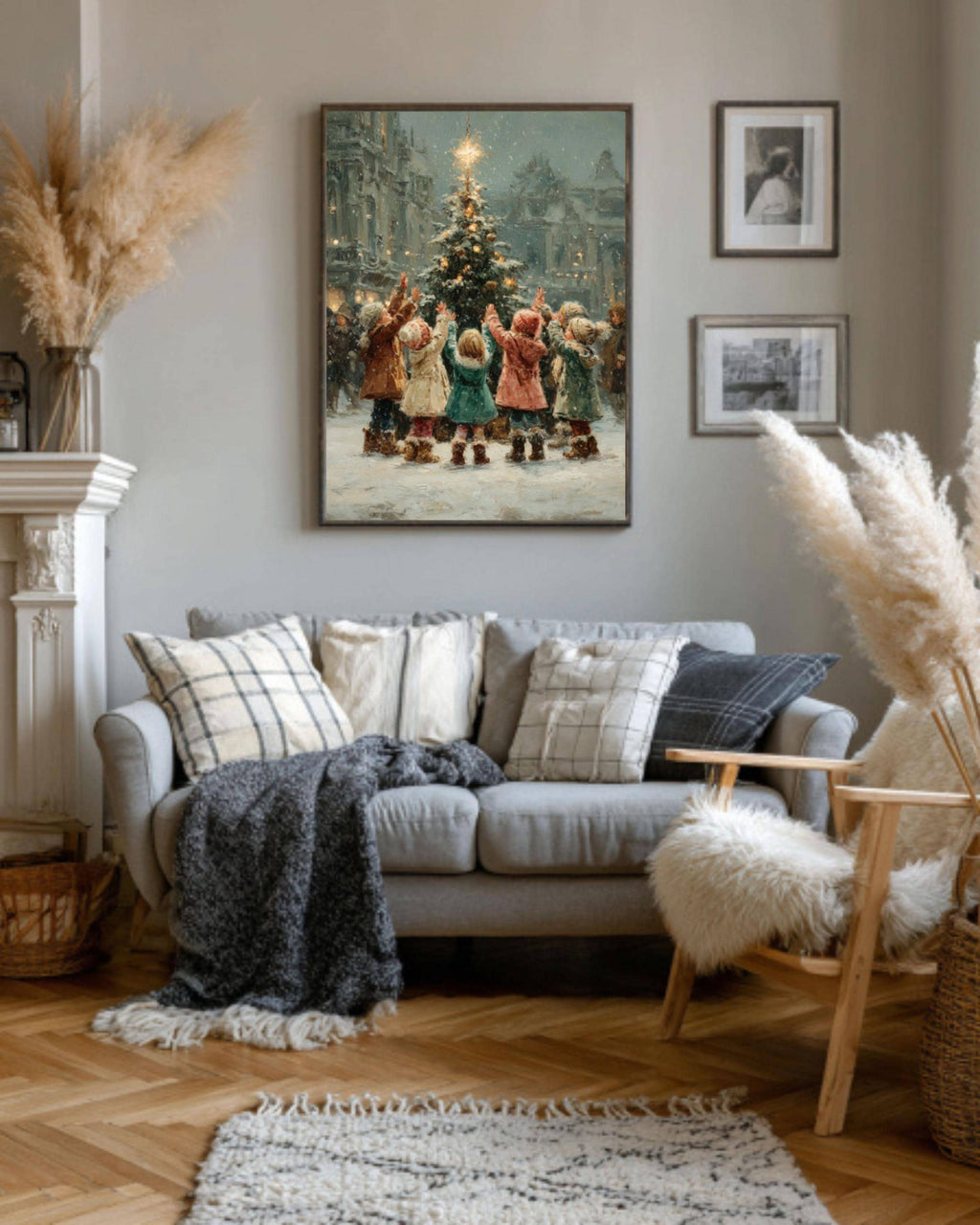 Children Lighting Tree Wall Art – Vintage Christmas Oil Painting Print