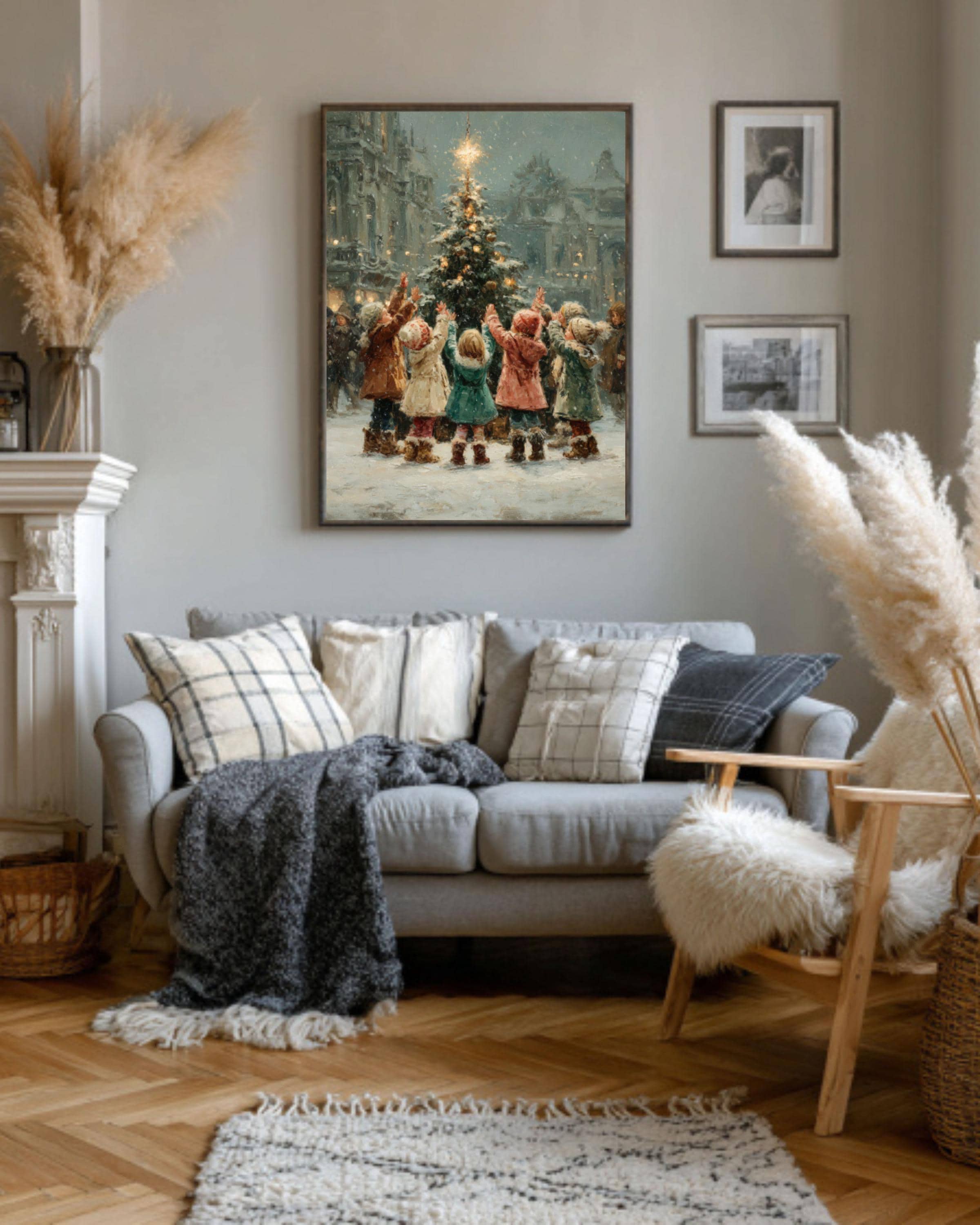 Children Lighting Tree Wall Art – Vintage Christmas Oil Painting Print