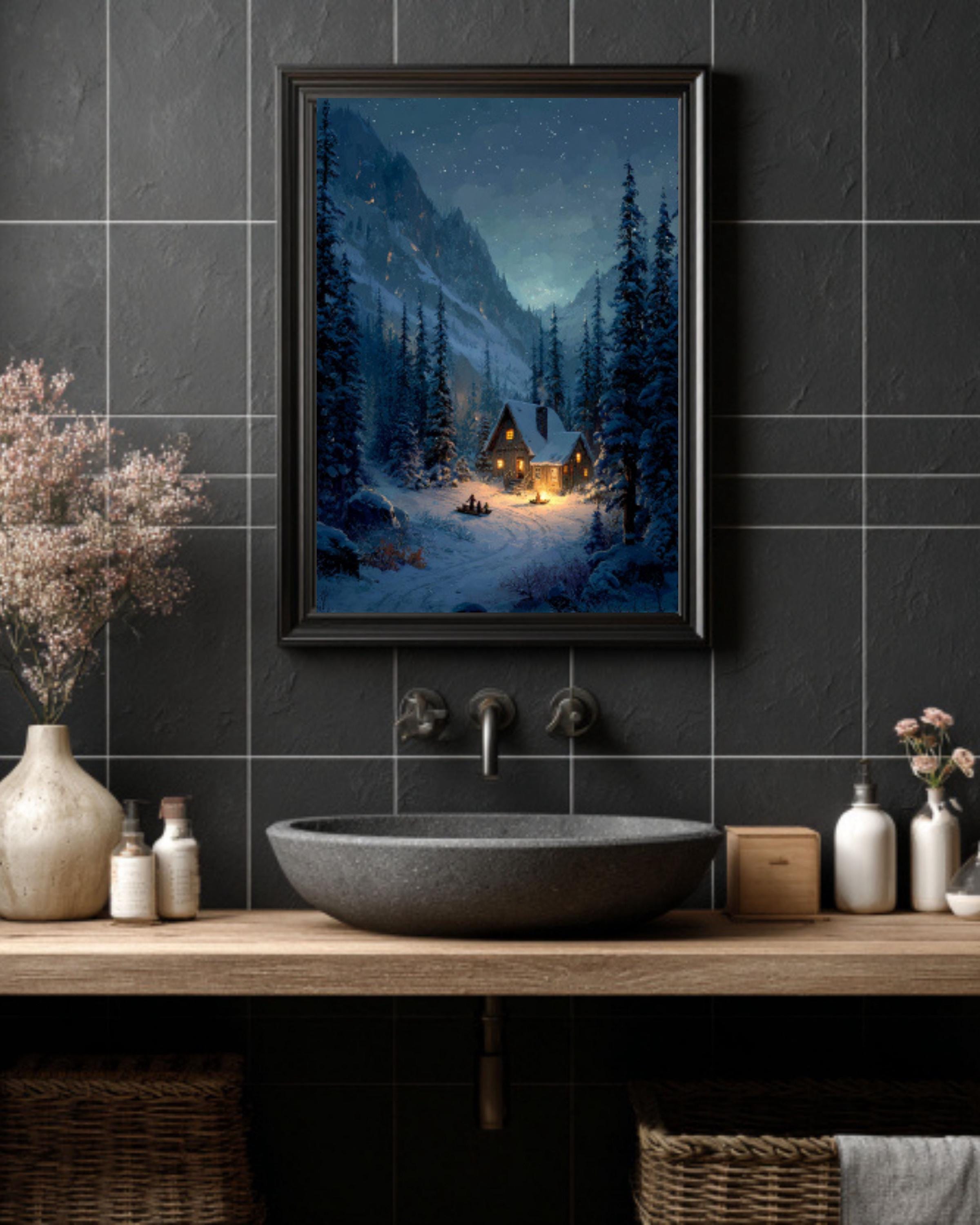 Snowy Cabin Forest Art Print â€“ Starry Alpine Scene, Rustic Fantasy Canvas Wall Art Print – Premium Home Decor