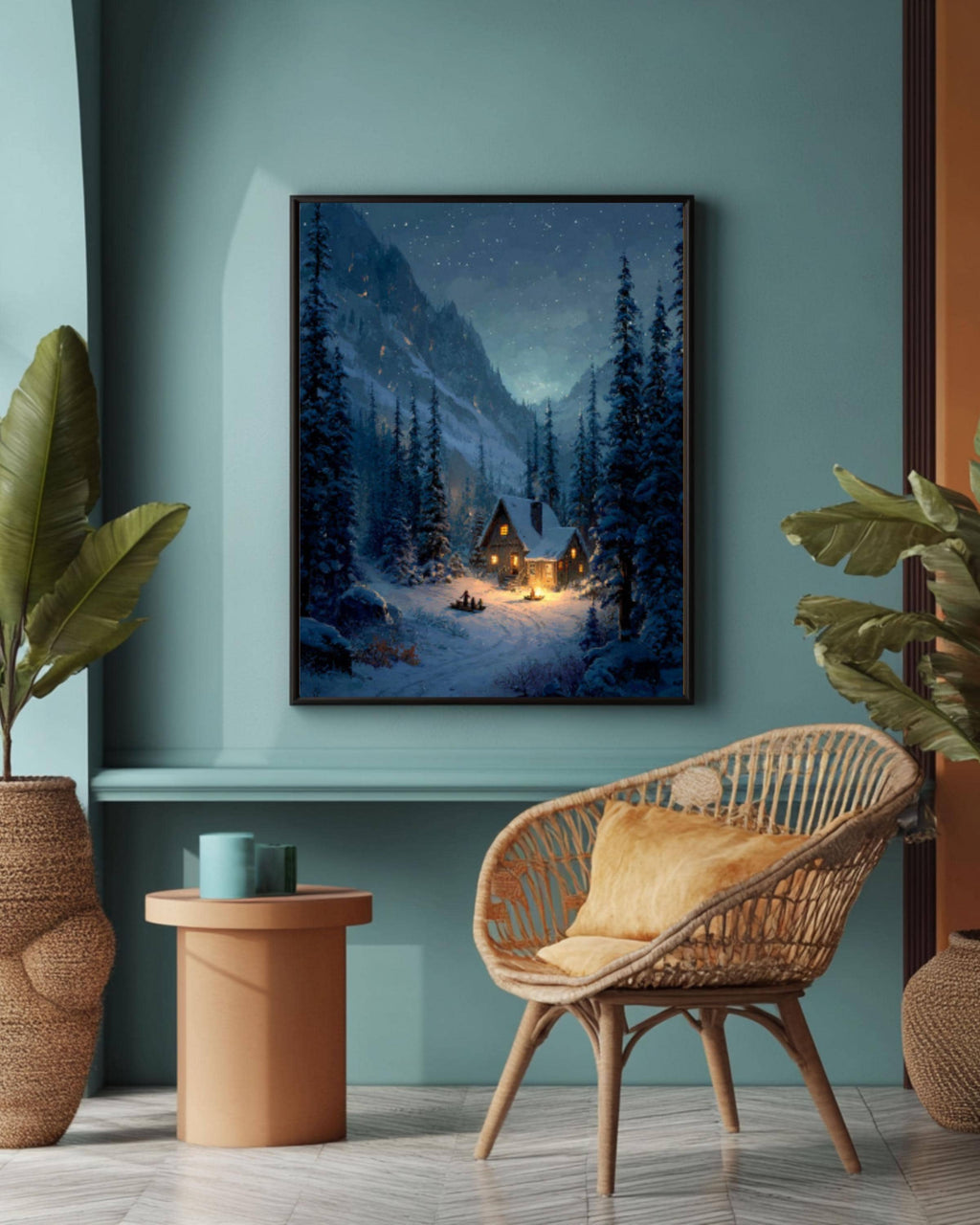 Snowy Cabin Forest Art Print â€“ Starry Alpine Scene, Rustic Fantasy Canvas Wall Art Print – Premium Home Decor