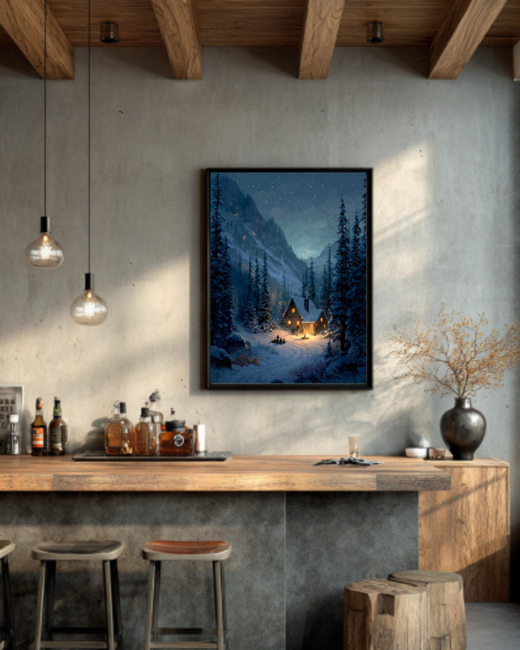 Snowy Cabin Forest Art Print â€“ Starry Alpine Scene, Rustic Fantasy Canvas Wall Art Print – Premium Home Decor