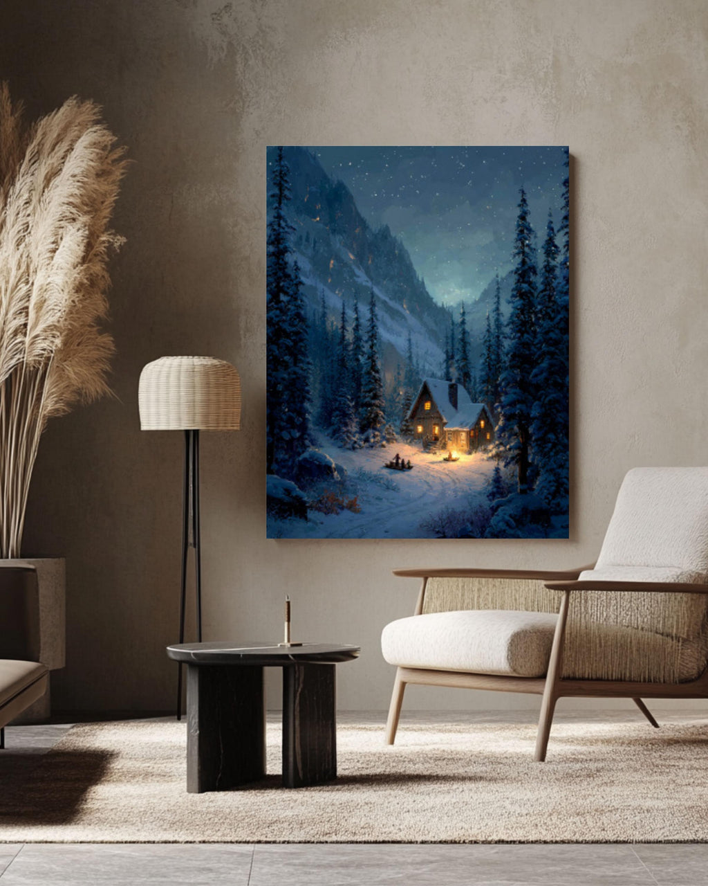 Snowy Cabin Forest Art Print â€“ Starry Alpine Scene, Rustic Fantasy Canvas Wall Art Print – Premium Home Decor
