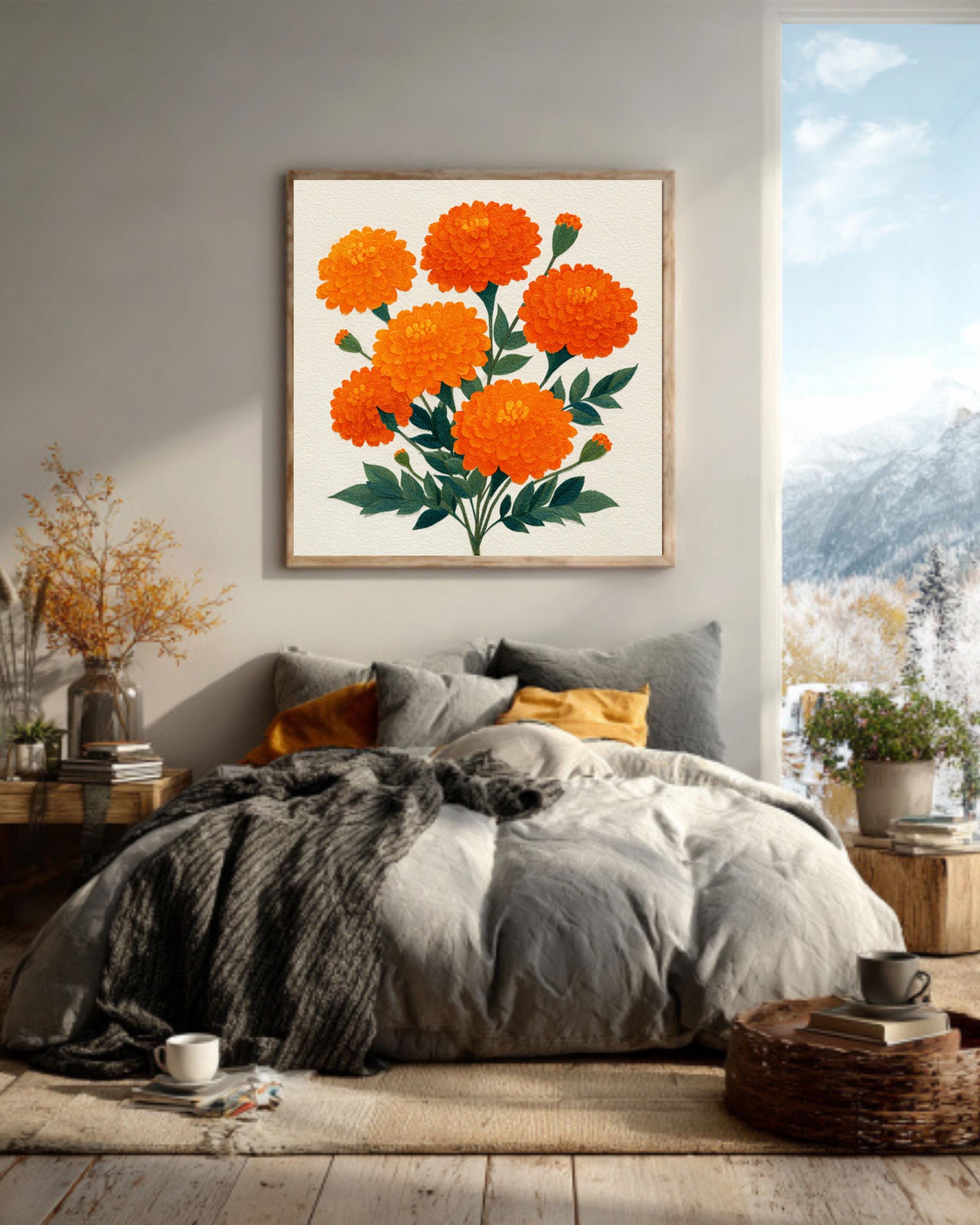 Orange Marigold Bouquet Art â€“ Paper Cut Floral Print Canvas Wall Art Print – Premium Home Decor