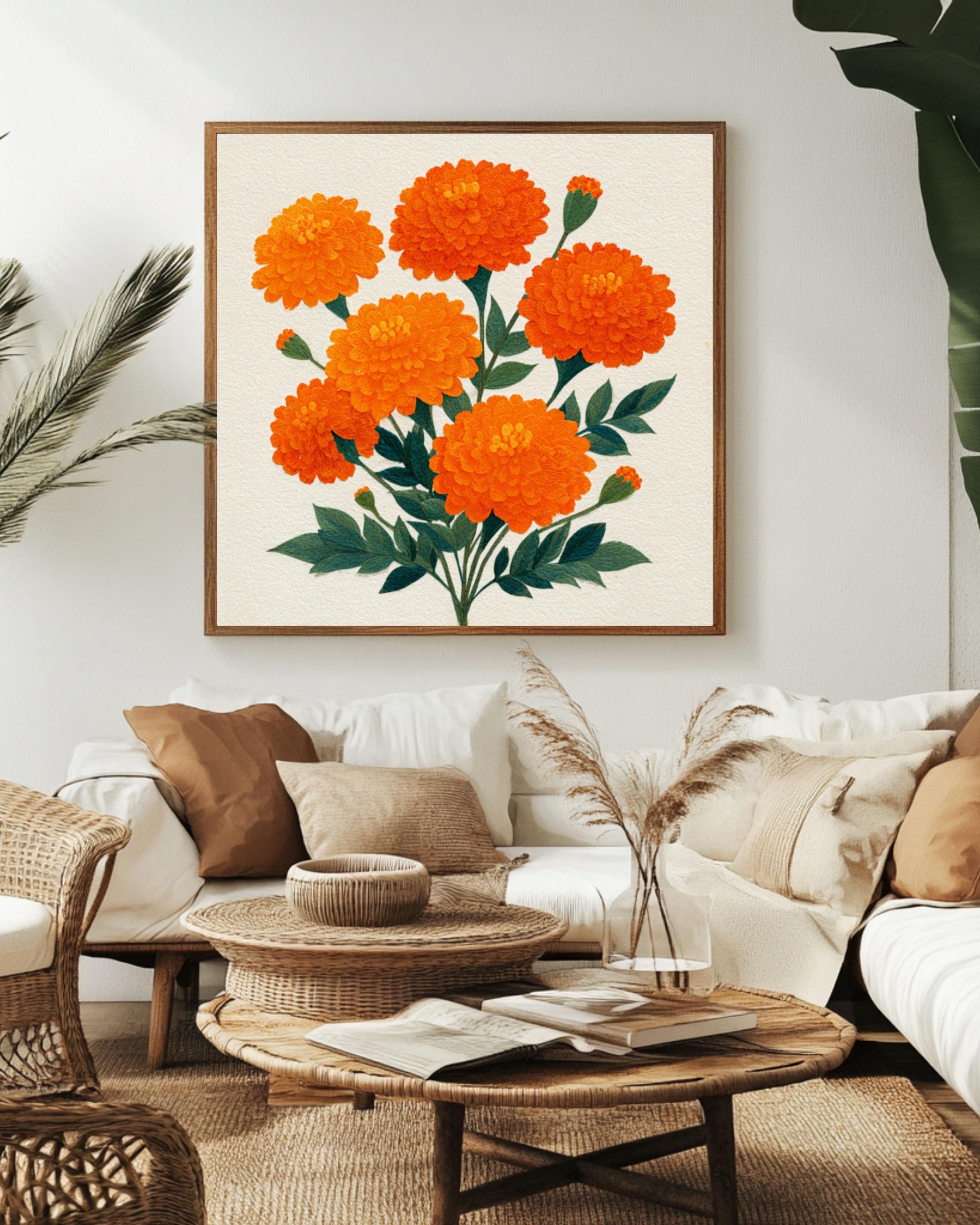Orange Marigold Bouquet Art â€“ Paper Cut Floral Print Canvas Wall Art Print – Premium Home Decor
