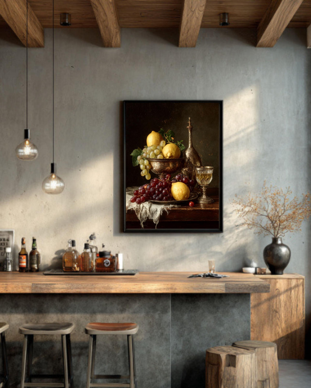 Baroque Still Life Lemon and Grapes Canvas Art – Classic Fruit Painting