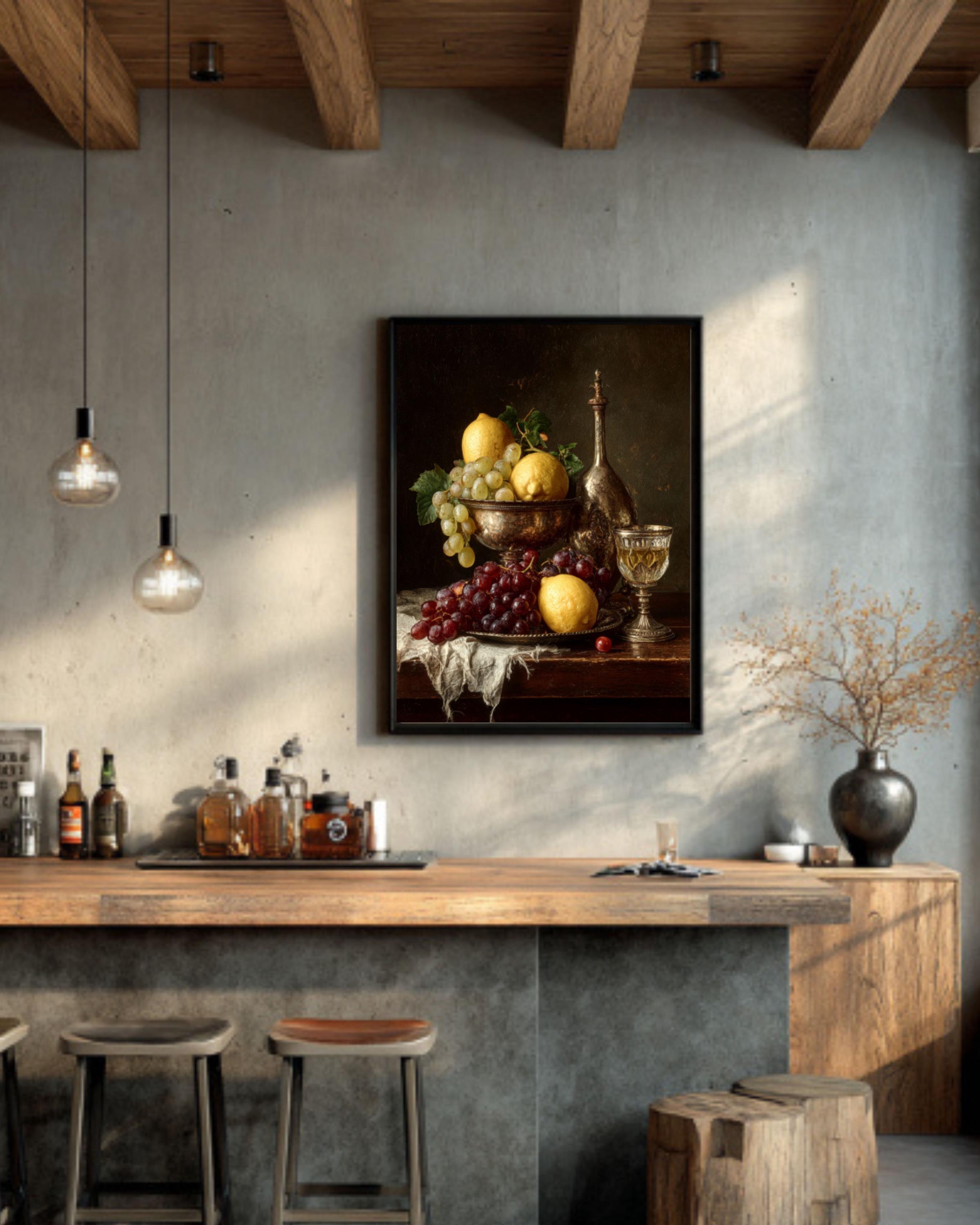 Baroque Still Life Lemon and Grapes Canvas Art – Classic Fruit Painting