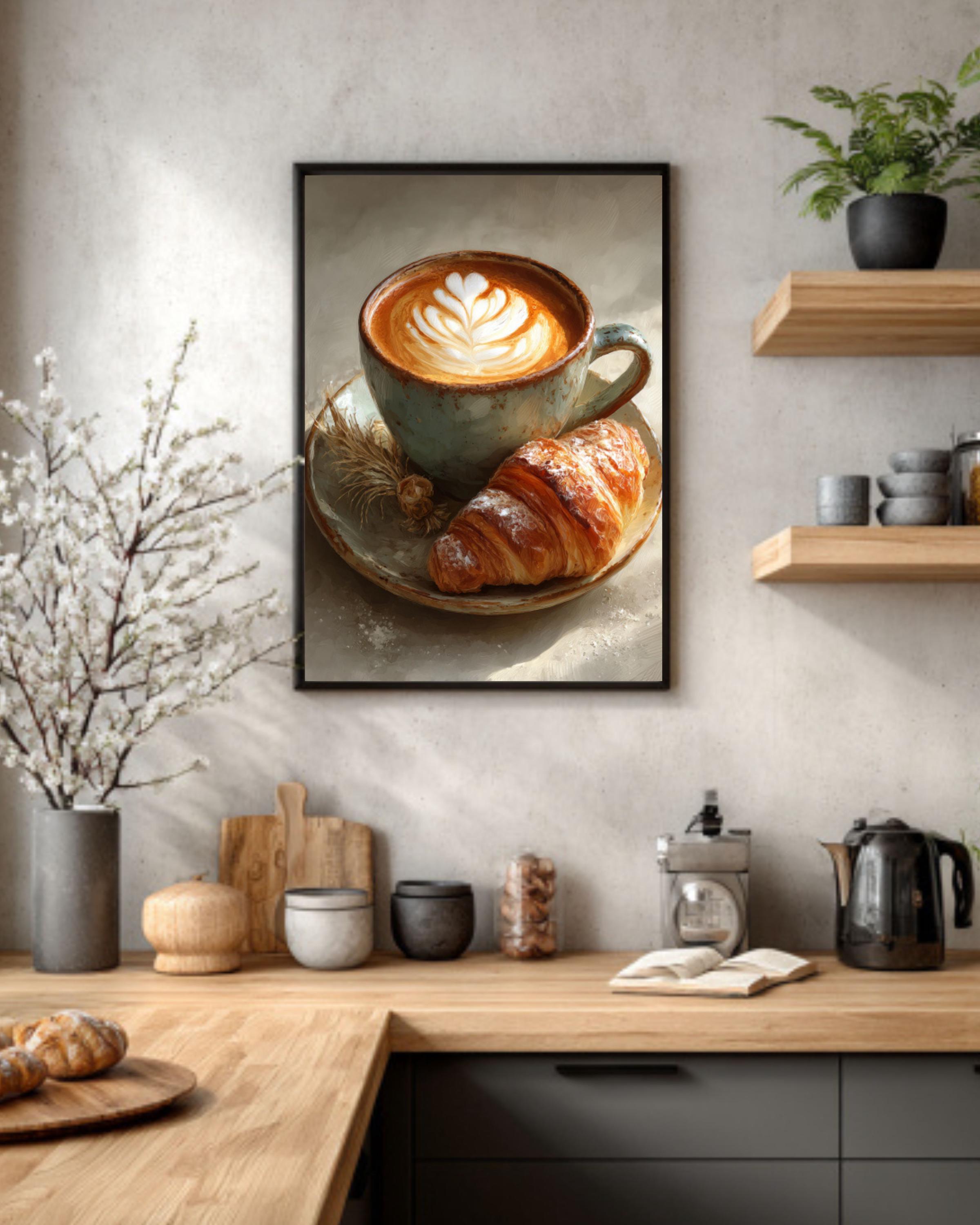 Latte Art and Croissant Wall Art – Café Style Coffee Painting