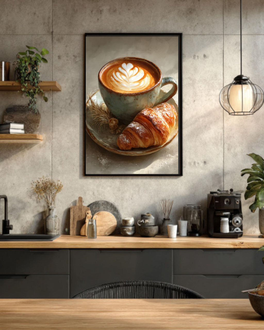 Latte Art and Croissant Wall Art – Café Style Coffee Painting