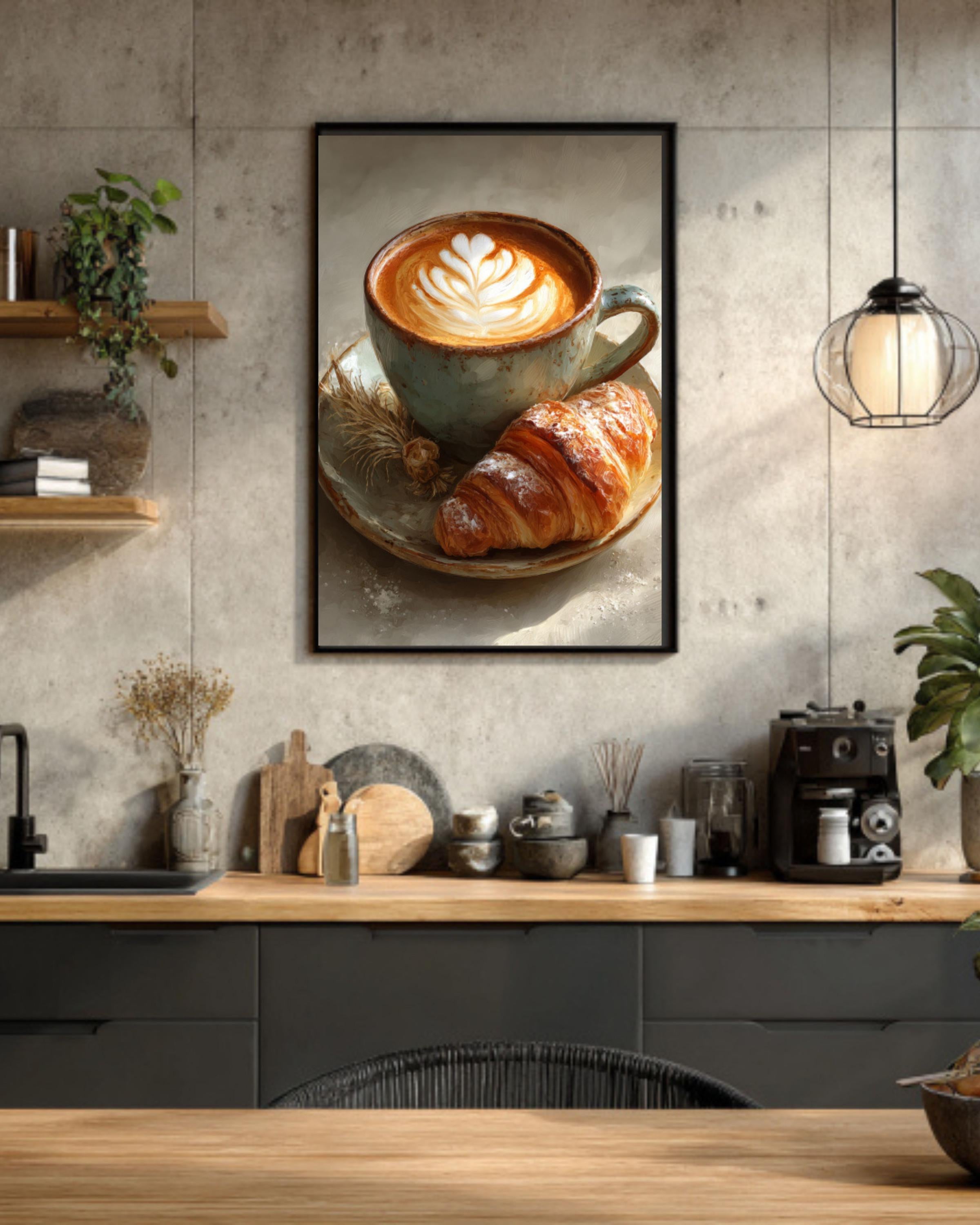 Latte Art and Croissant Wall Art – Café Style Coffee Painting