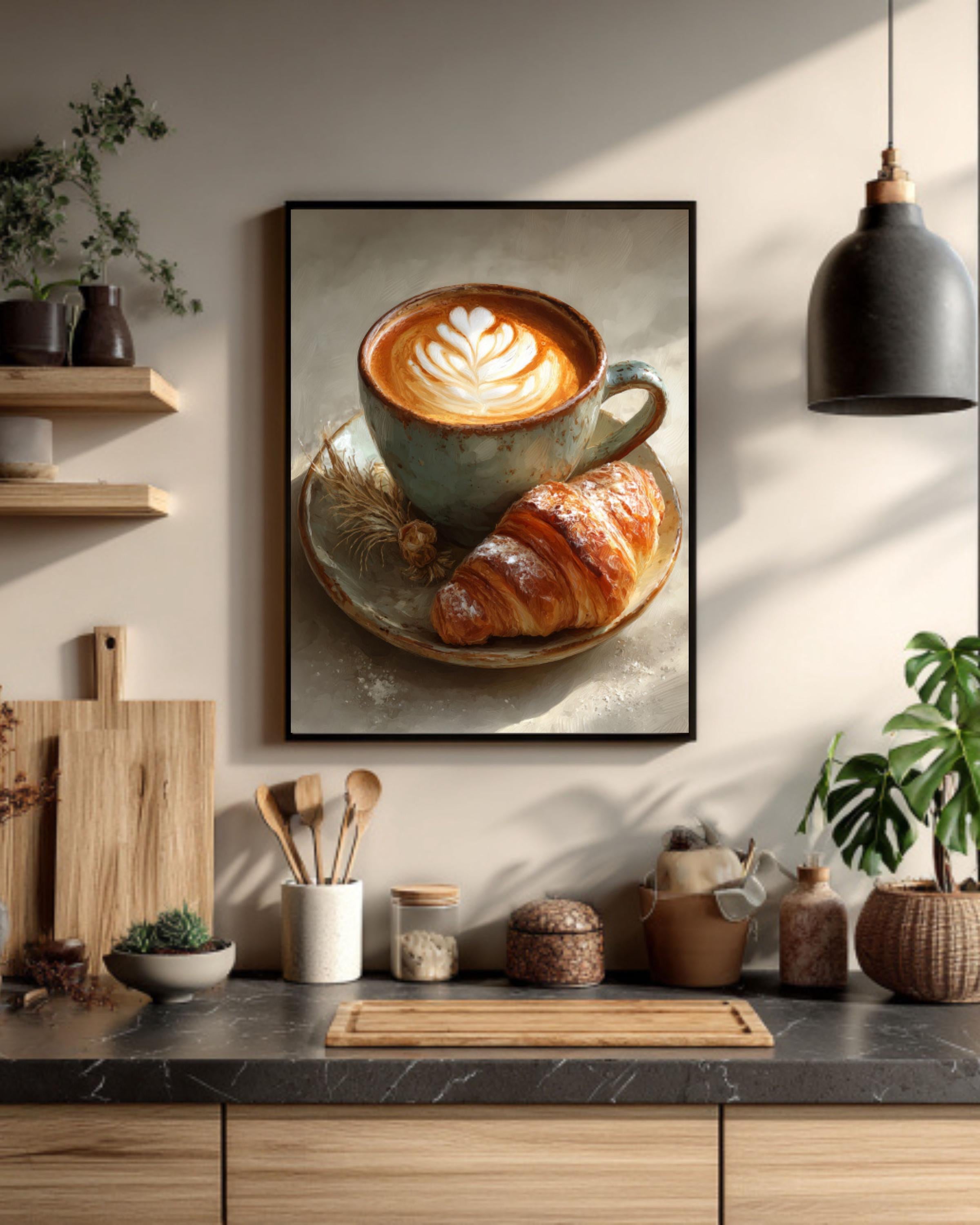 Latte Art and Croissant Wall Art – Café Style Coffee Painting