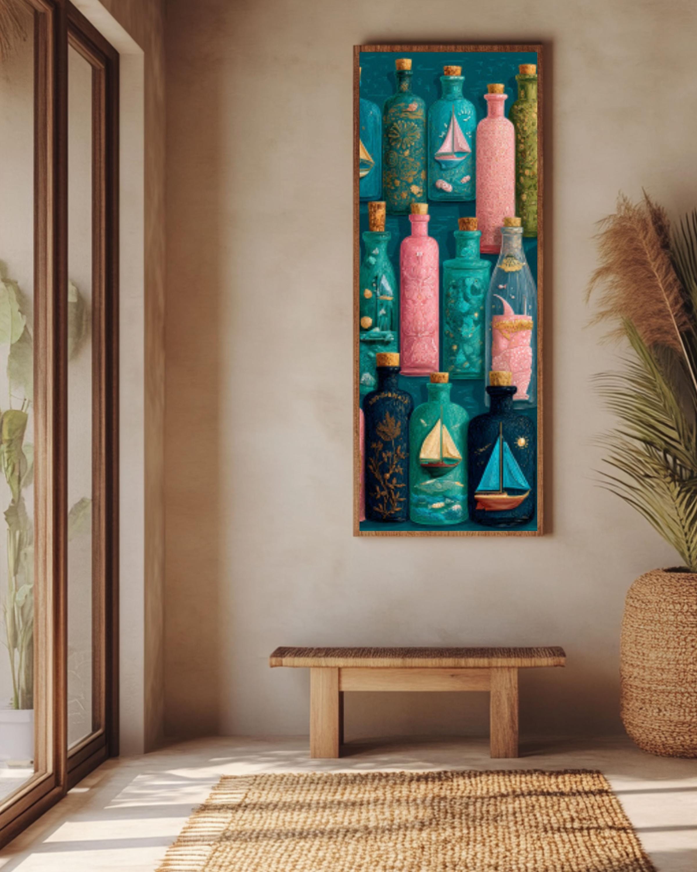 Ornate Bottle Art Print | Whimsical Sailboats & Shells