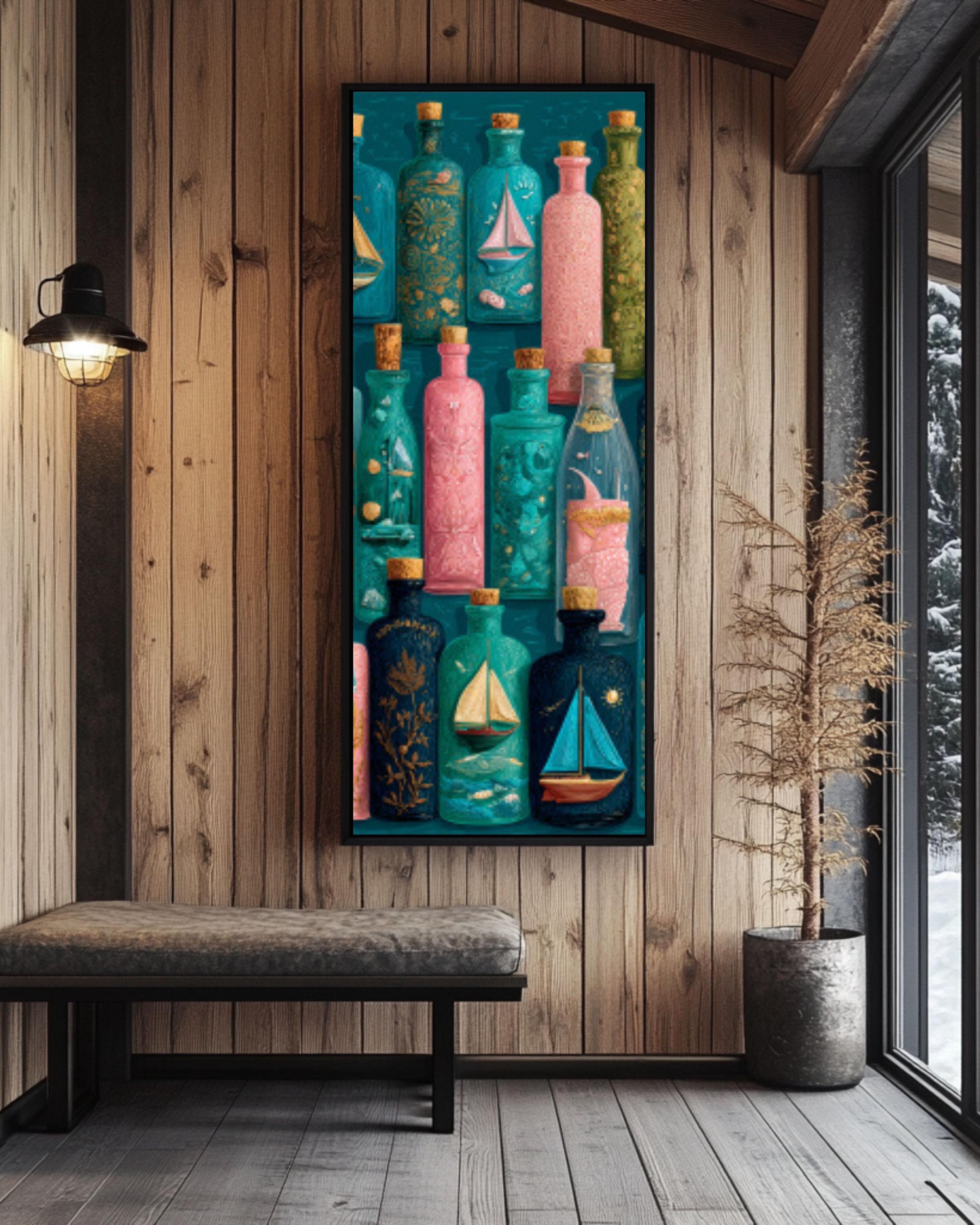Ornate Bottle Art Print | Whimsical Sailboats & Shells