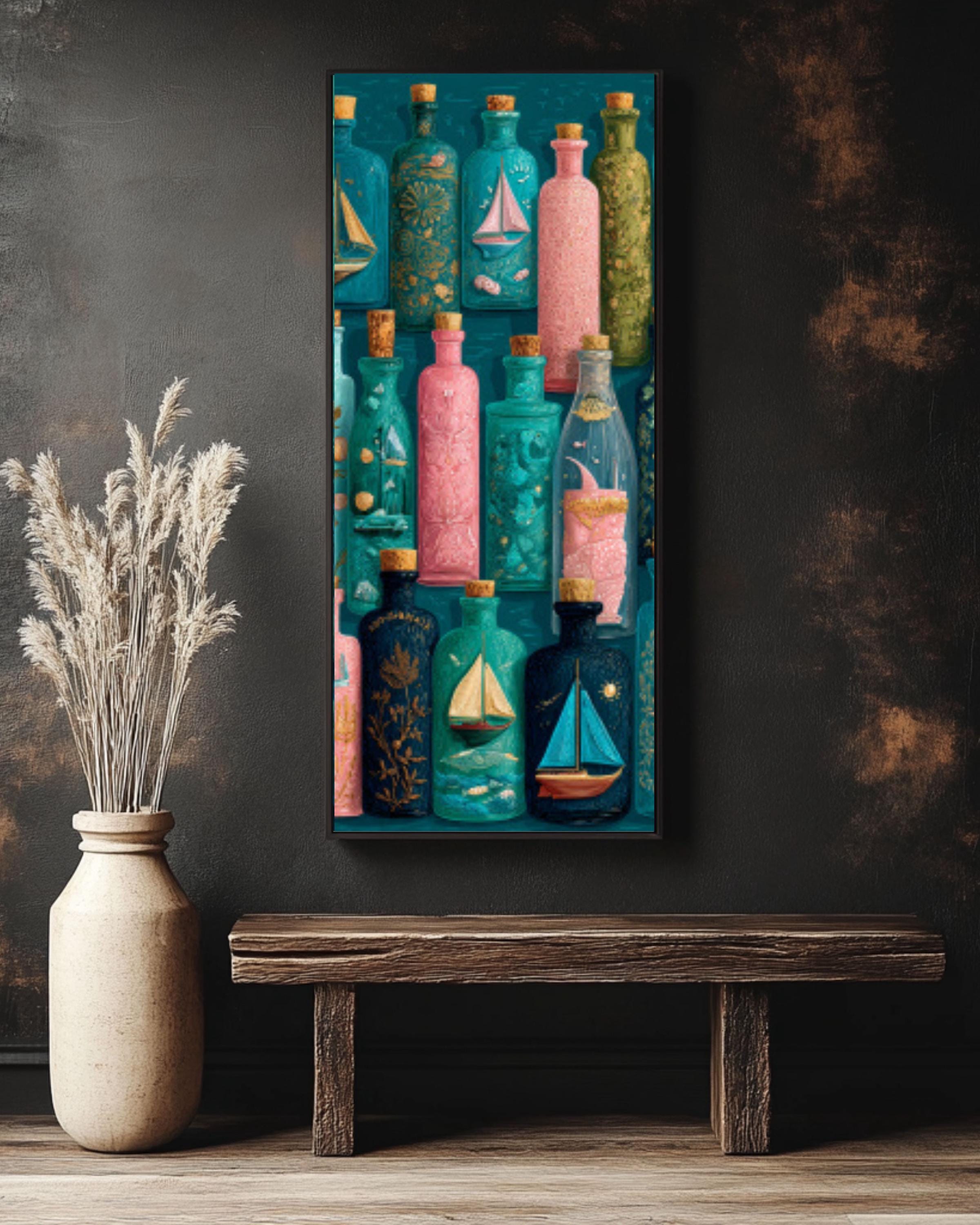 Ornate Bottle Art Print | Whimsical Sailboats & Shells