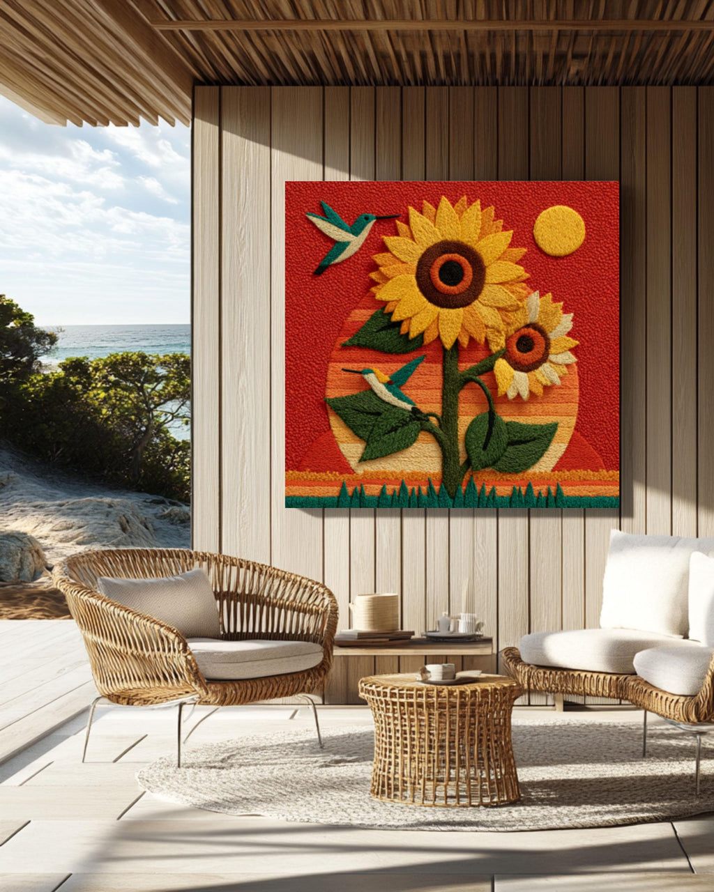 Sunflower & Hummingbird Felt Art Print | Embroidery Style