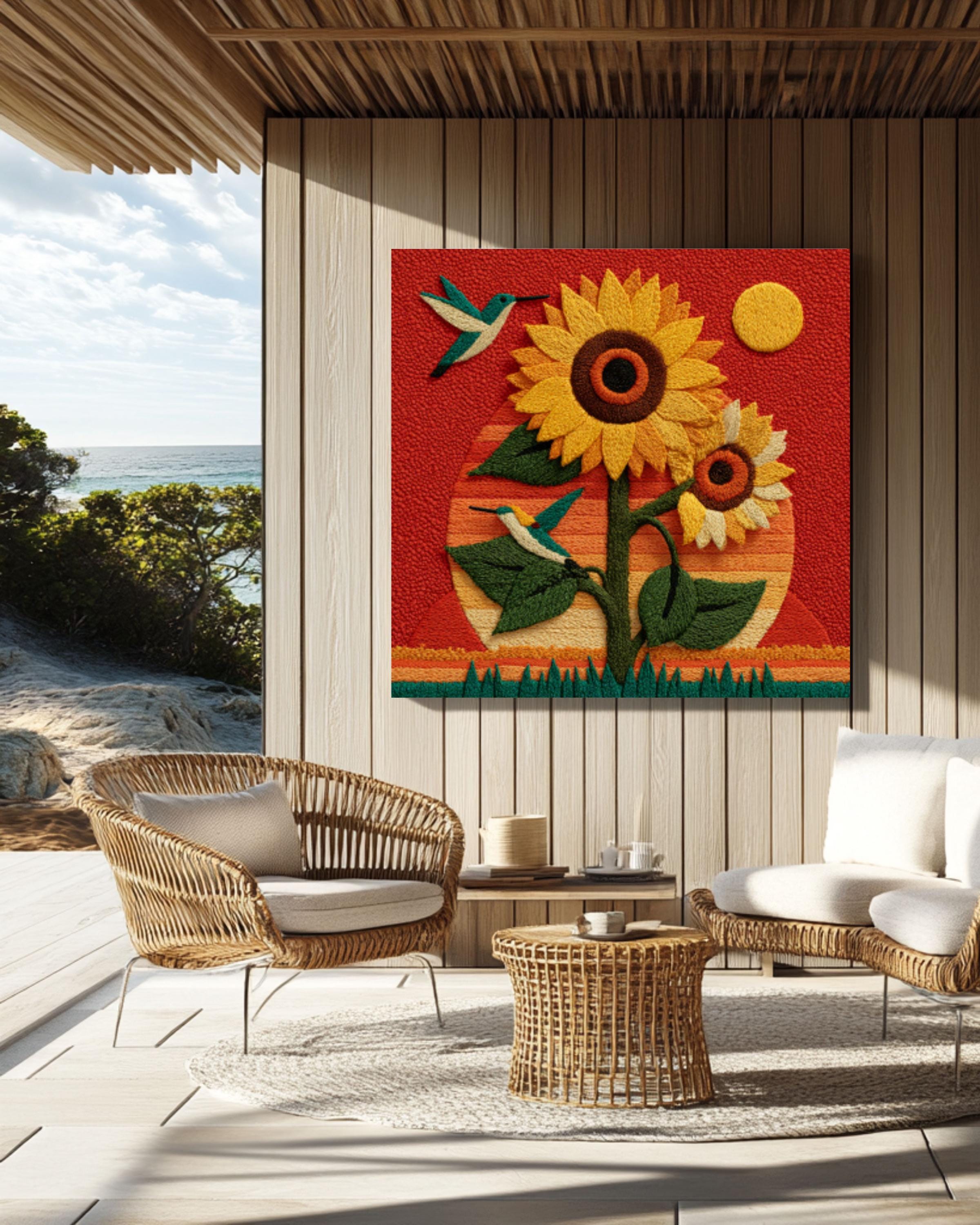 Sunflower & Hummingbird Felt Art Print | Embroidery Style