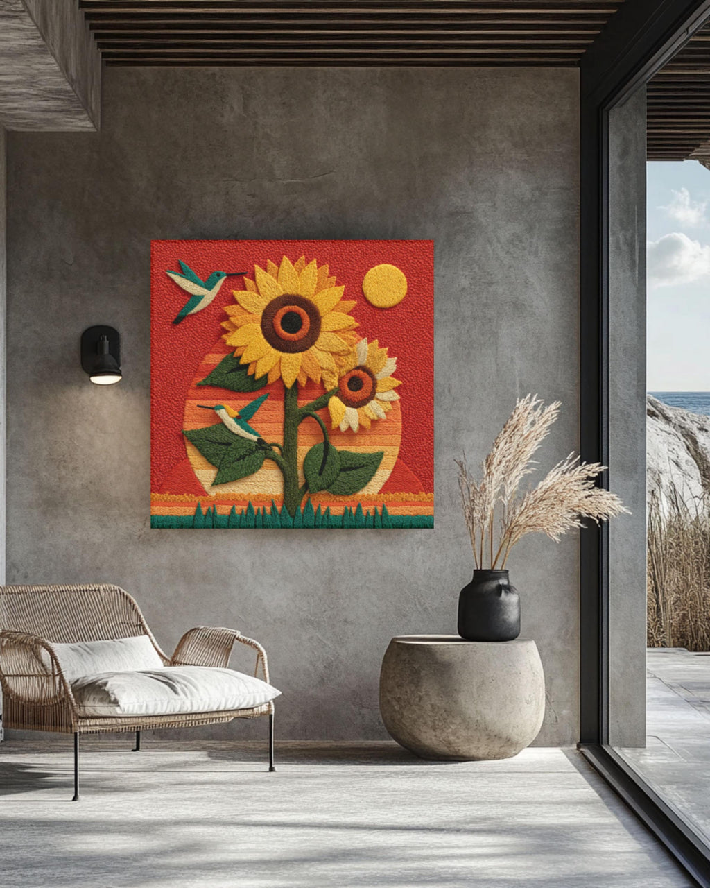 Sunflower & Hummingbird Felt Art Print | Embroidery Style