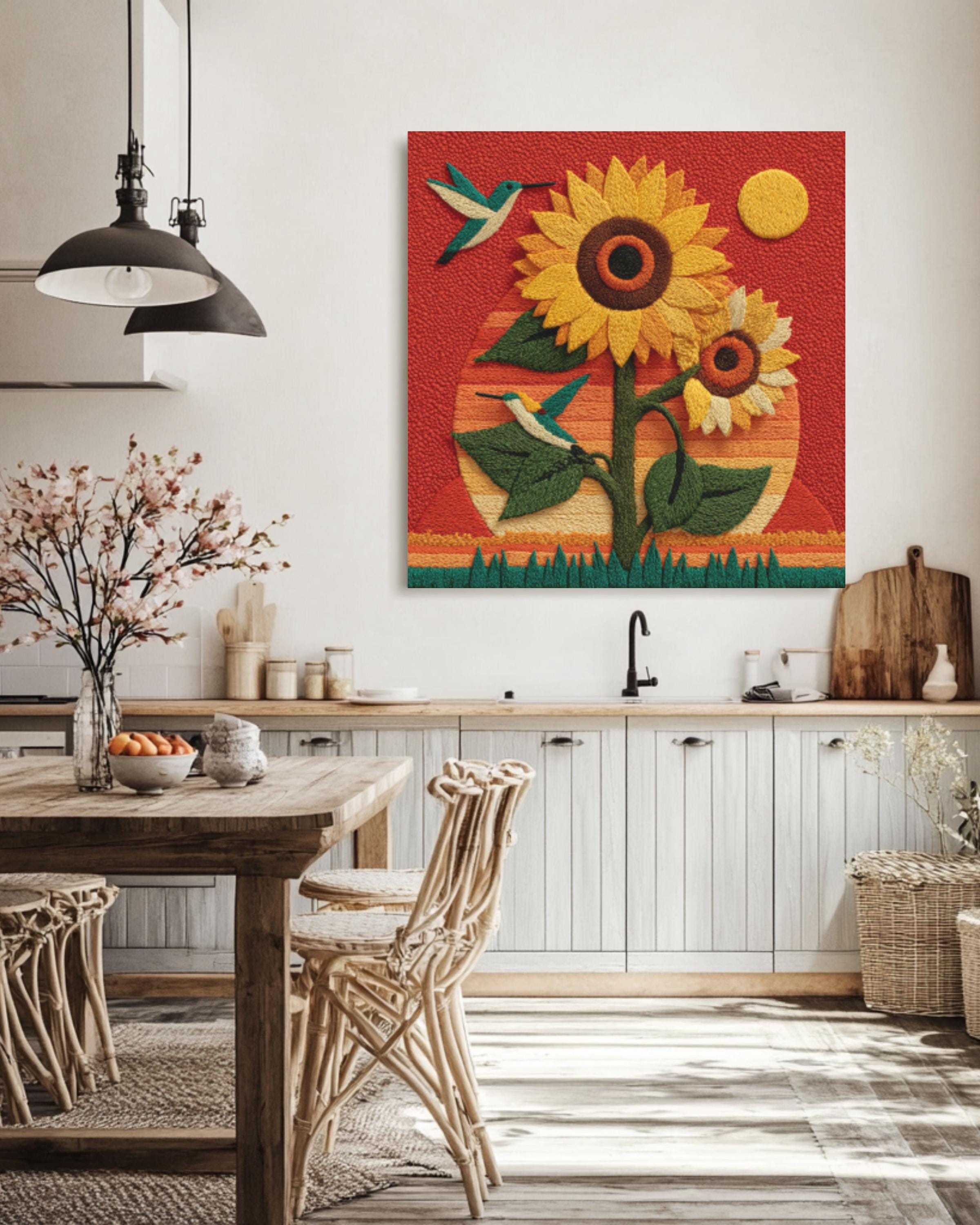 Sunflower & Hummingbird Felt Art Print | Embroidery Style