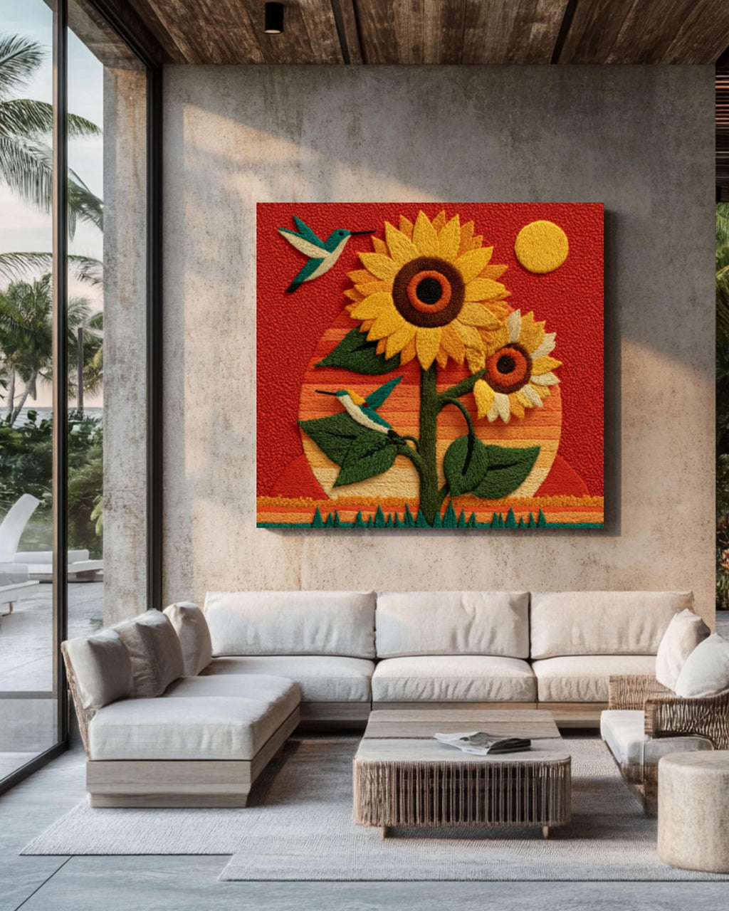 Sunflower & Hummingbird Felt Art Print | Embroidery Style