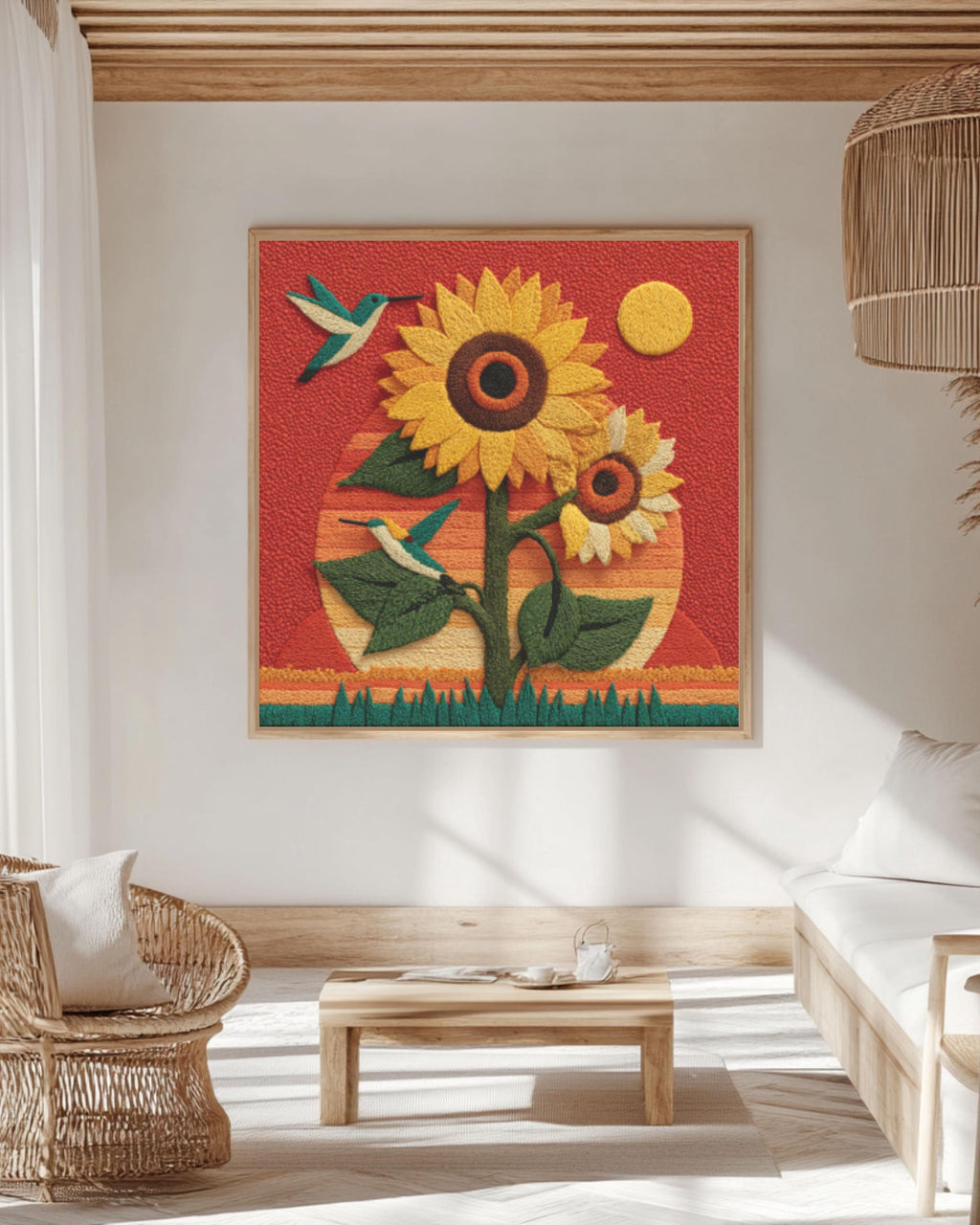 Sunflower & Hummingbird Felt Art Print | Embroidery Style