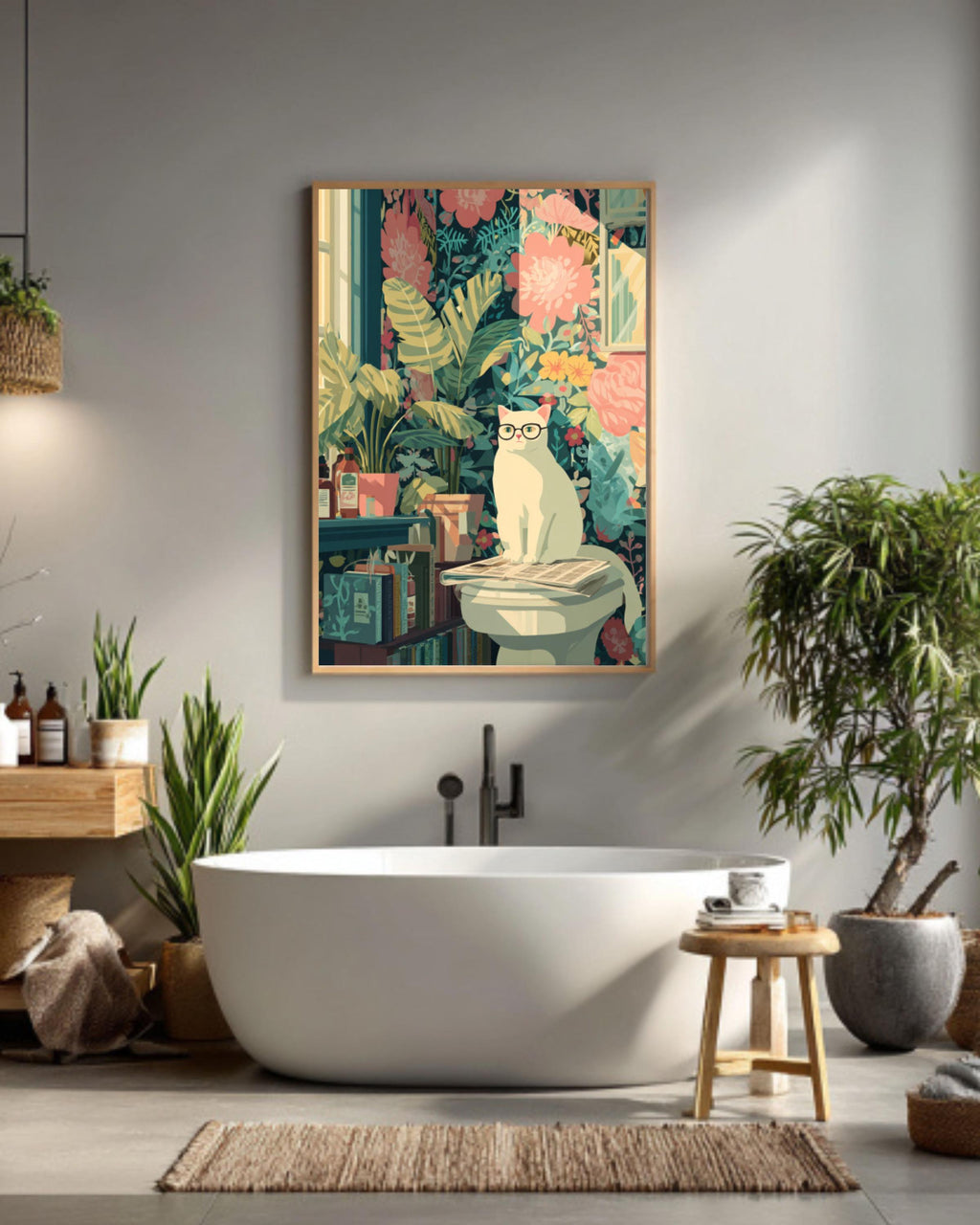 Funny Cat Wall Art – Colorful Matisse Style Bathroom Decor