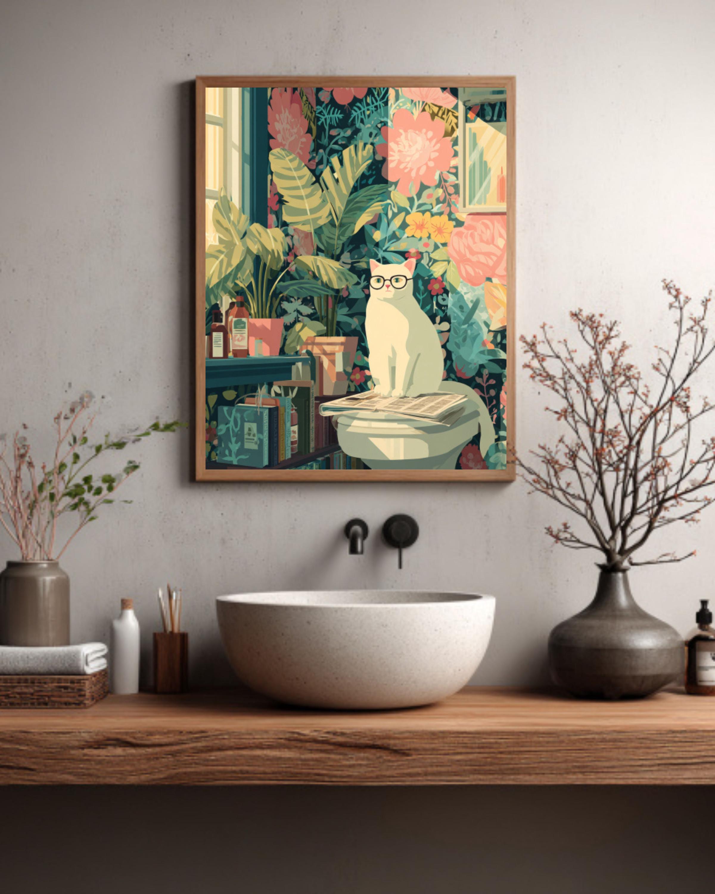 Funny Cat Wall Art – Colorful Matisse Style Bathroom Decor