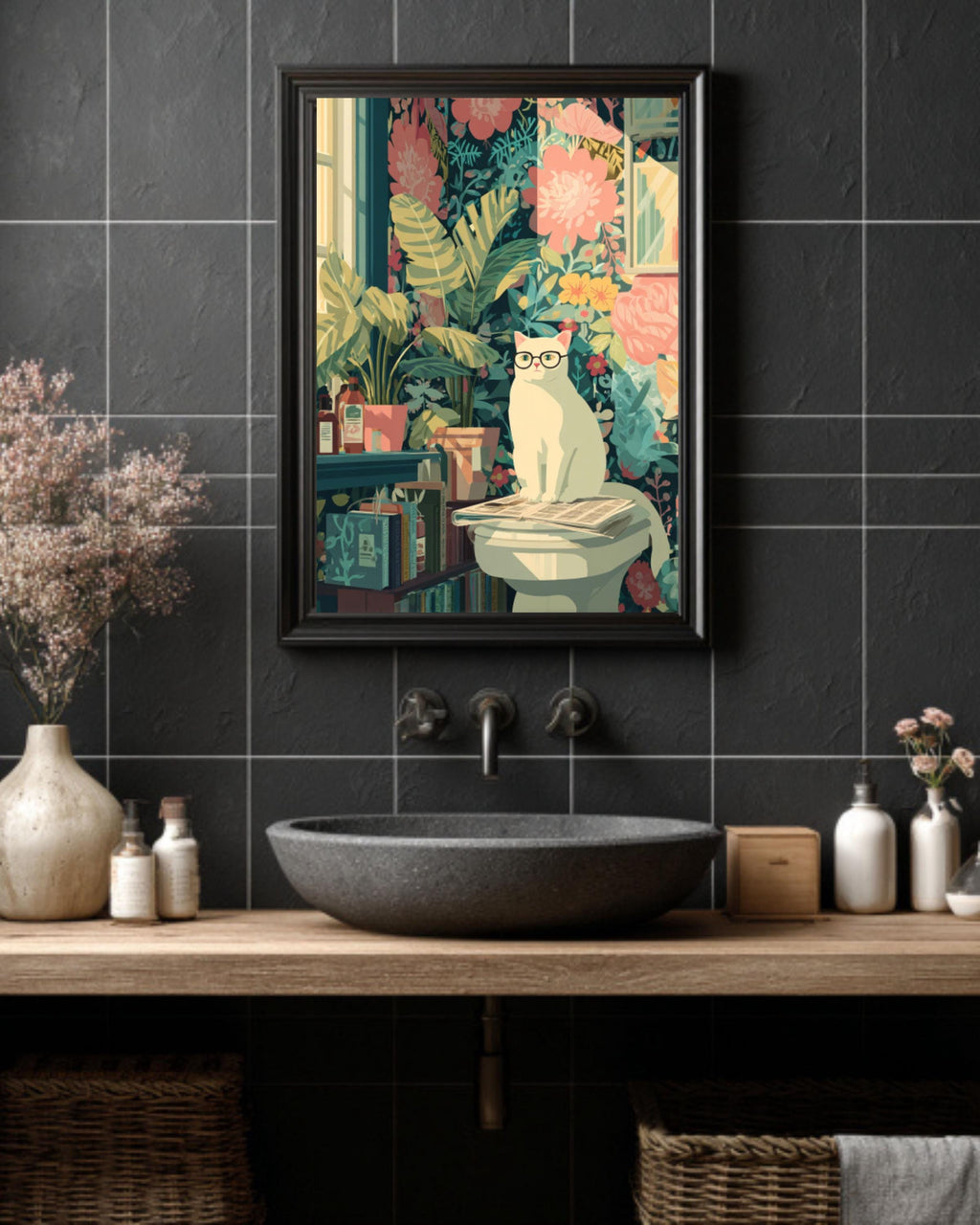Funny Cat Wall Art – Colorful Matisse Style Bathroom Decor