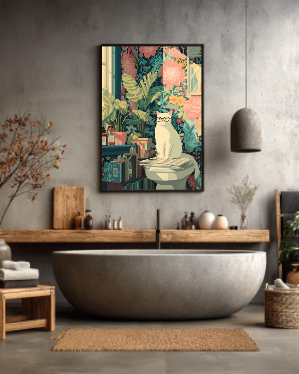 Funny Cat Wall Art – Colorful Matisse Style Bathroom Decor
