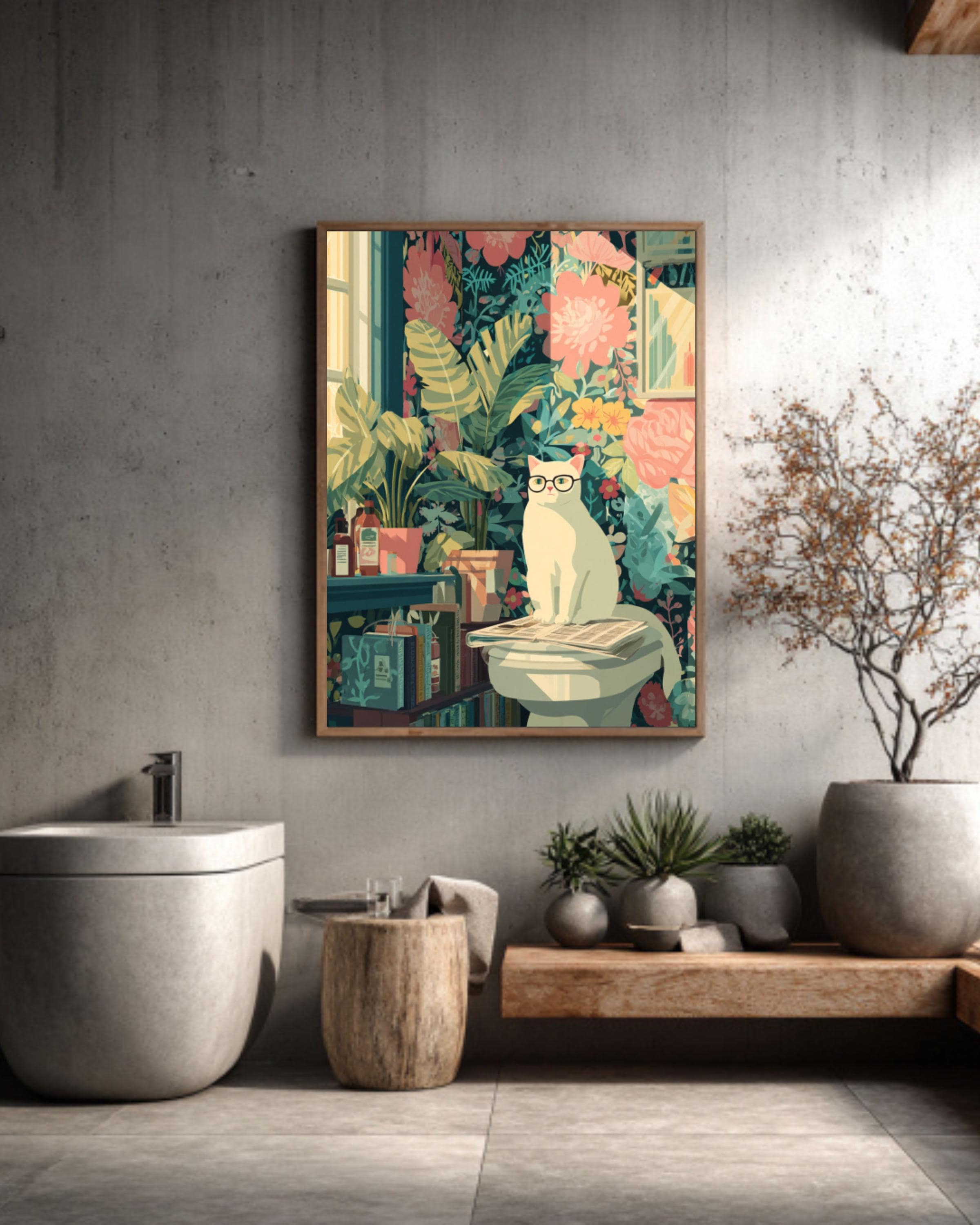 Funny Cat Wall Art – Colorful Matisse Style Bathroom Decor