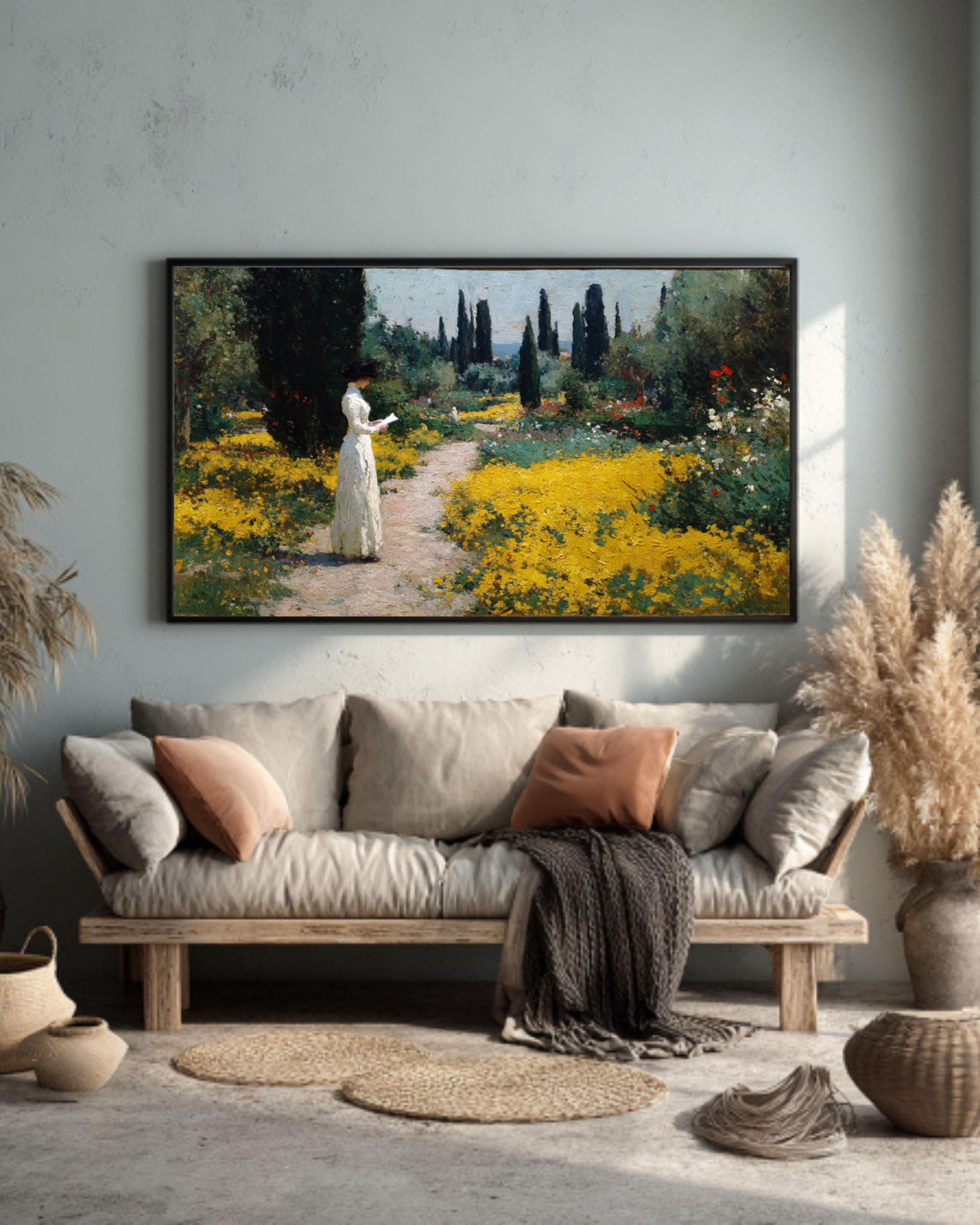 Monet Style Garden Path Canvas Art – Woman Reading Letter