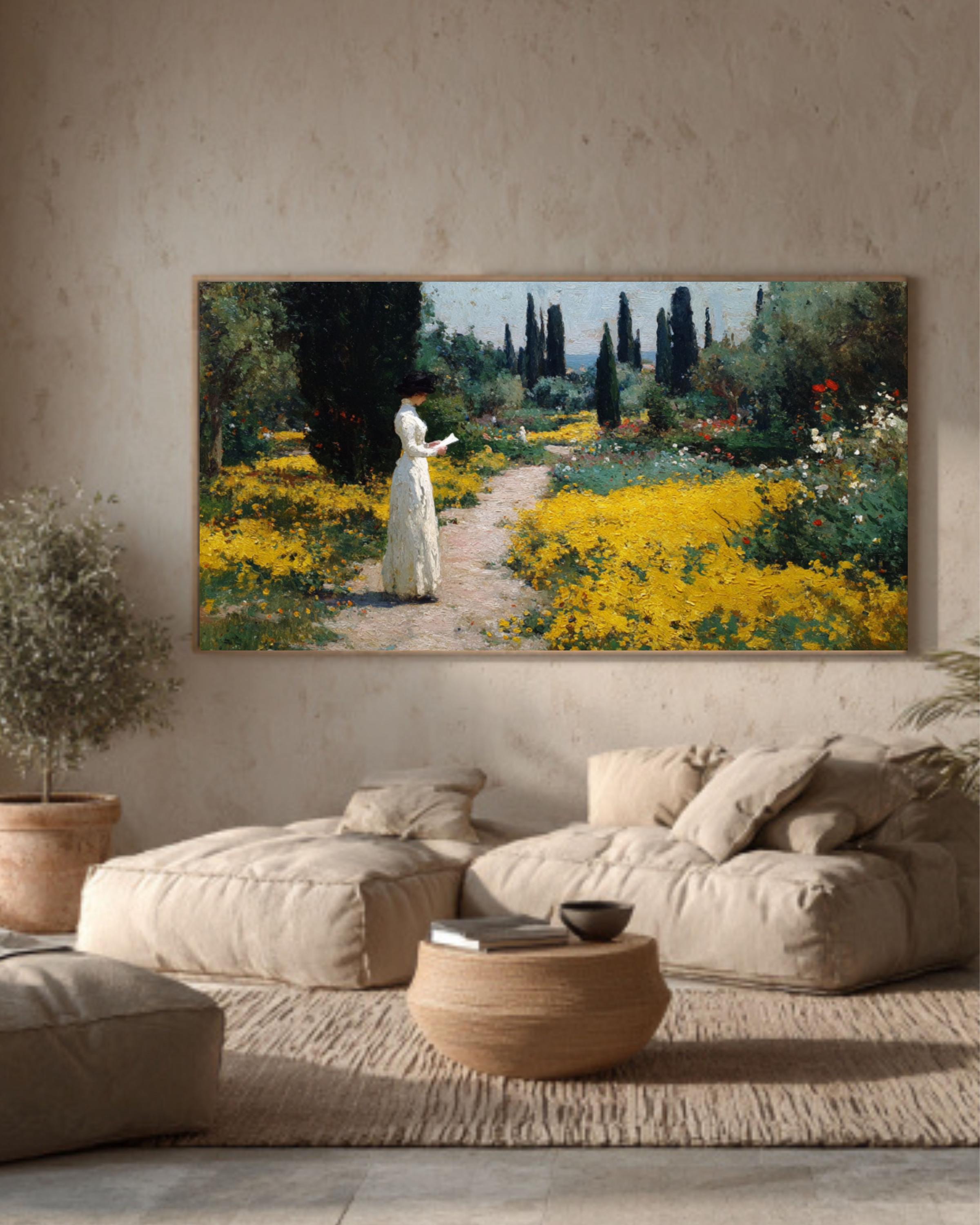 Monet Style Garden Path Canvas Art – Woman Reading Letter