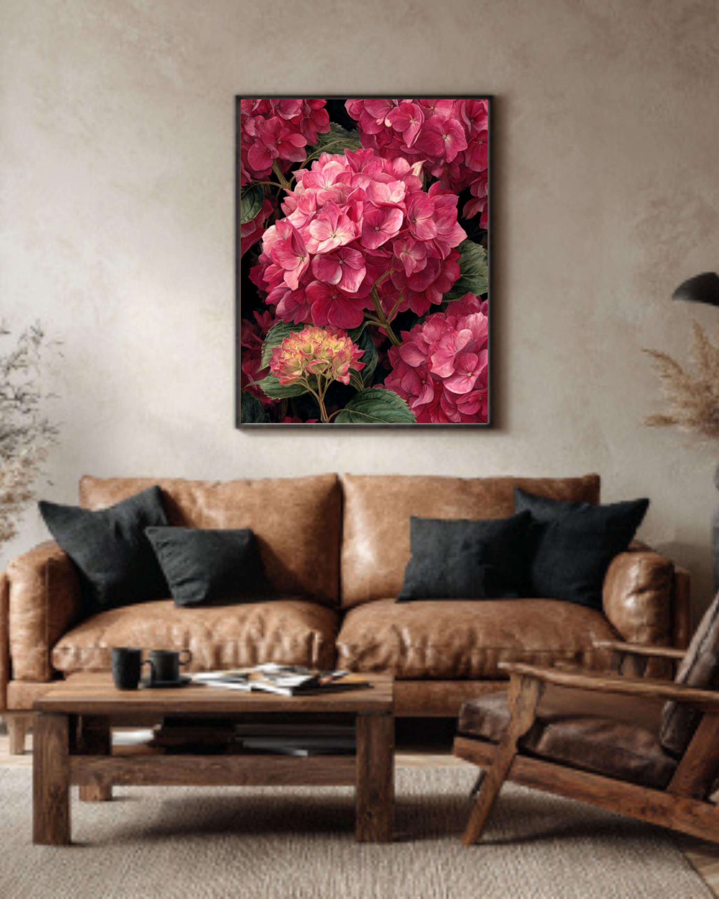 Pink Hydrangea Botanical Wall Art – Watercolor Floral Canvas Print