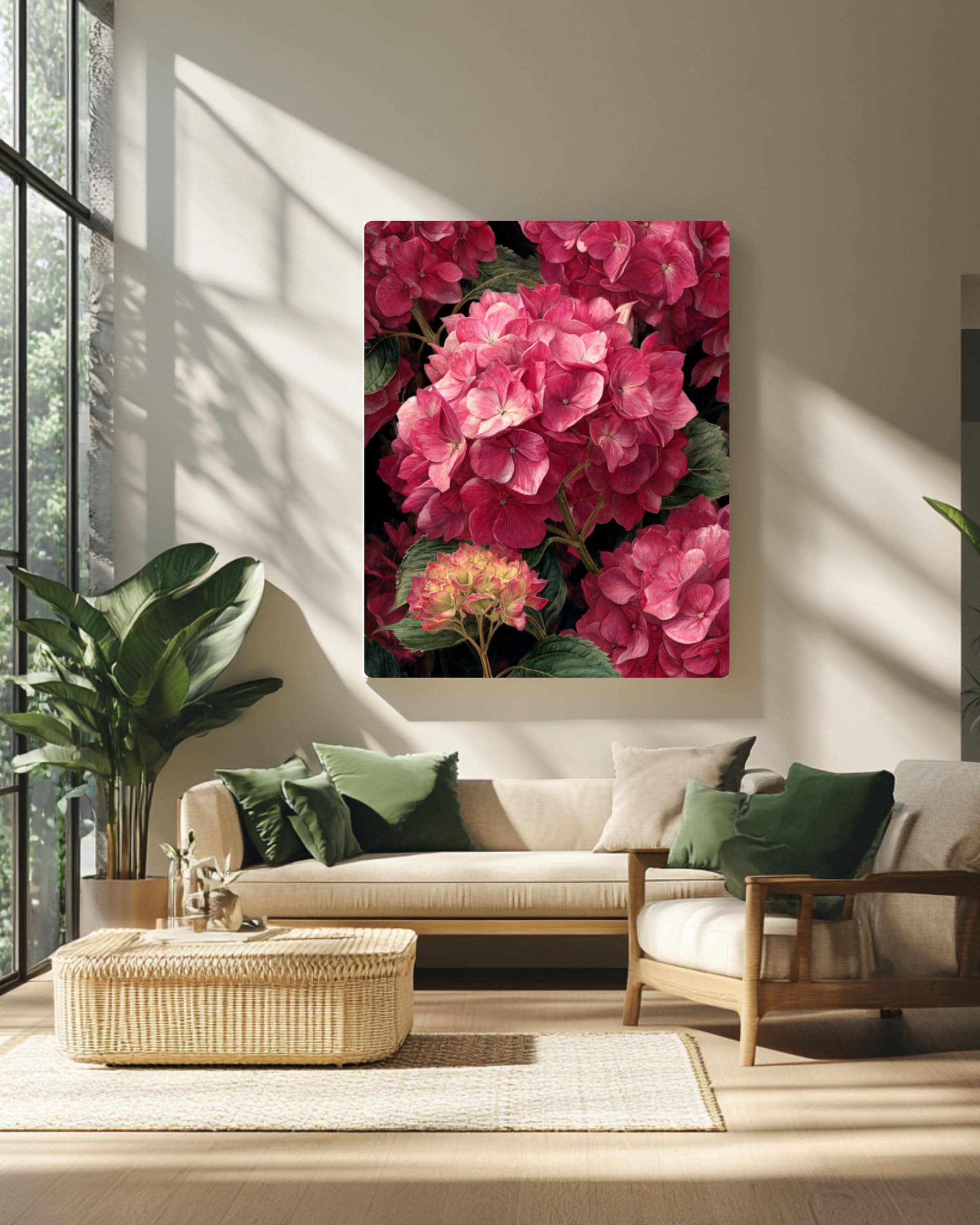 Pink Hydrangea Botanical Wall Art – Watercolor Floral Canvas Print