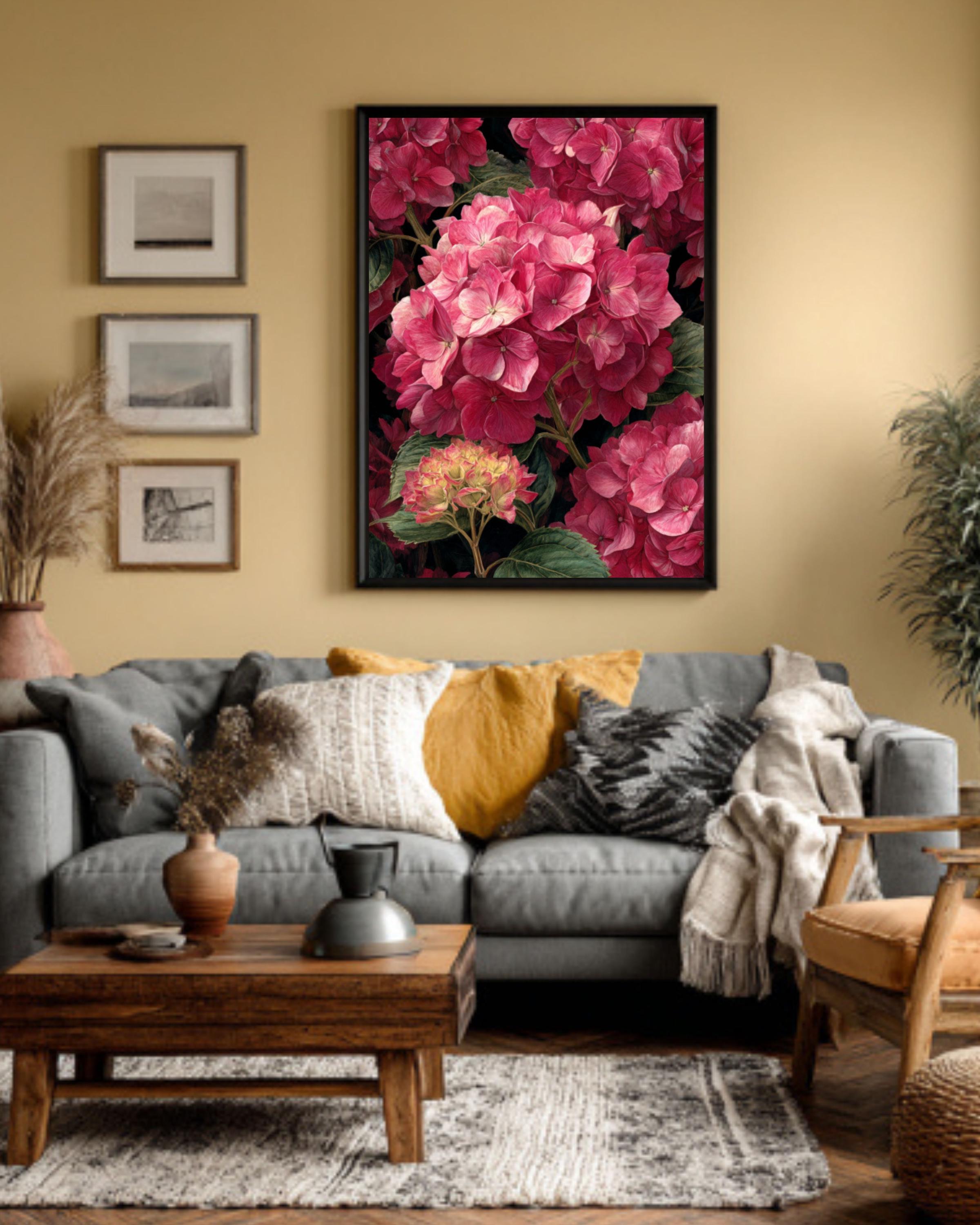 Pink Hydrangea Botanical Wall Art – Watercolor Floral Canvas Print