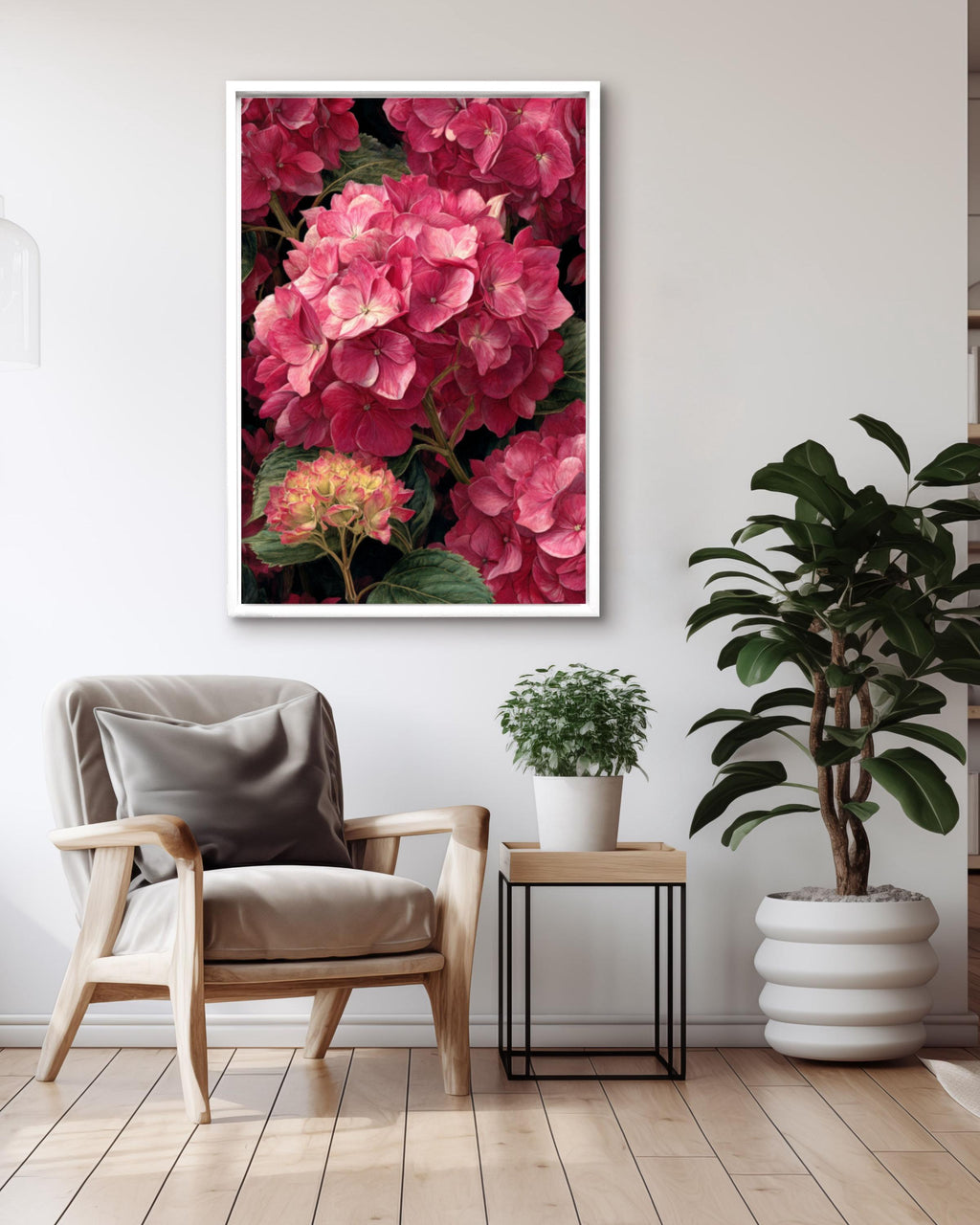 Pink Hydrangea Botanical Wall Art – Watercolor Floral Canvas Print