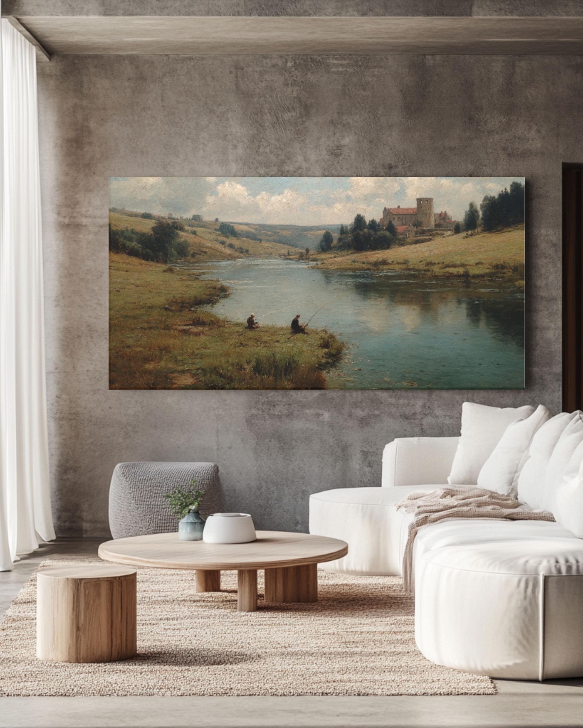 English Lake Landscape Wall Art – Vintage Fishing Scene Canvas