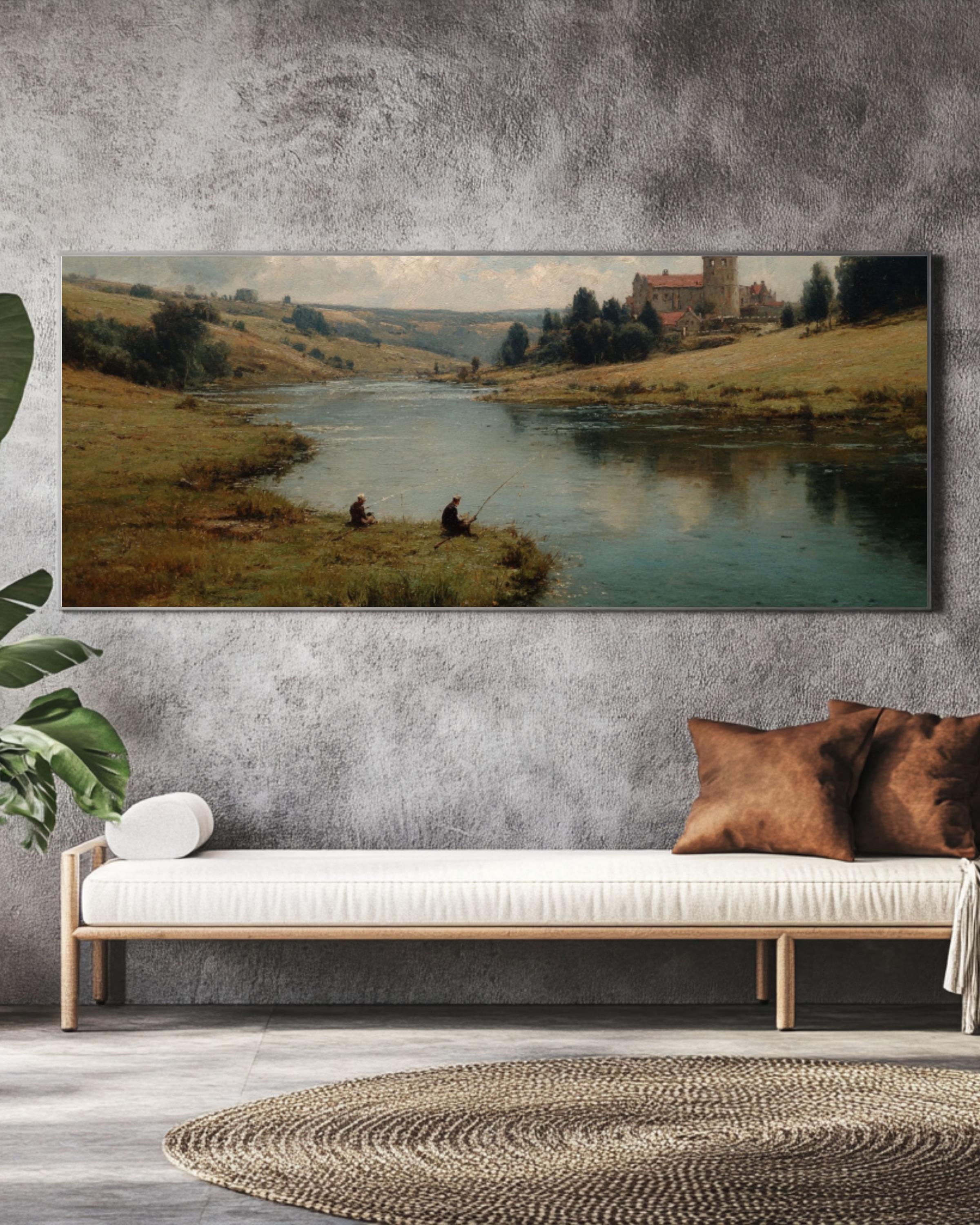 English Lake Landscape Wall Art – Vintage Fishing Scene Canvas
