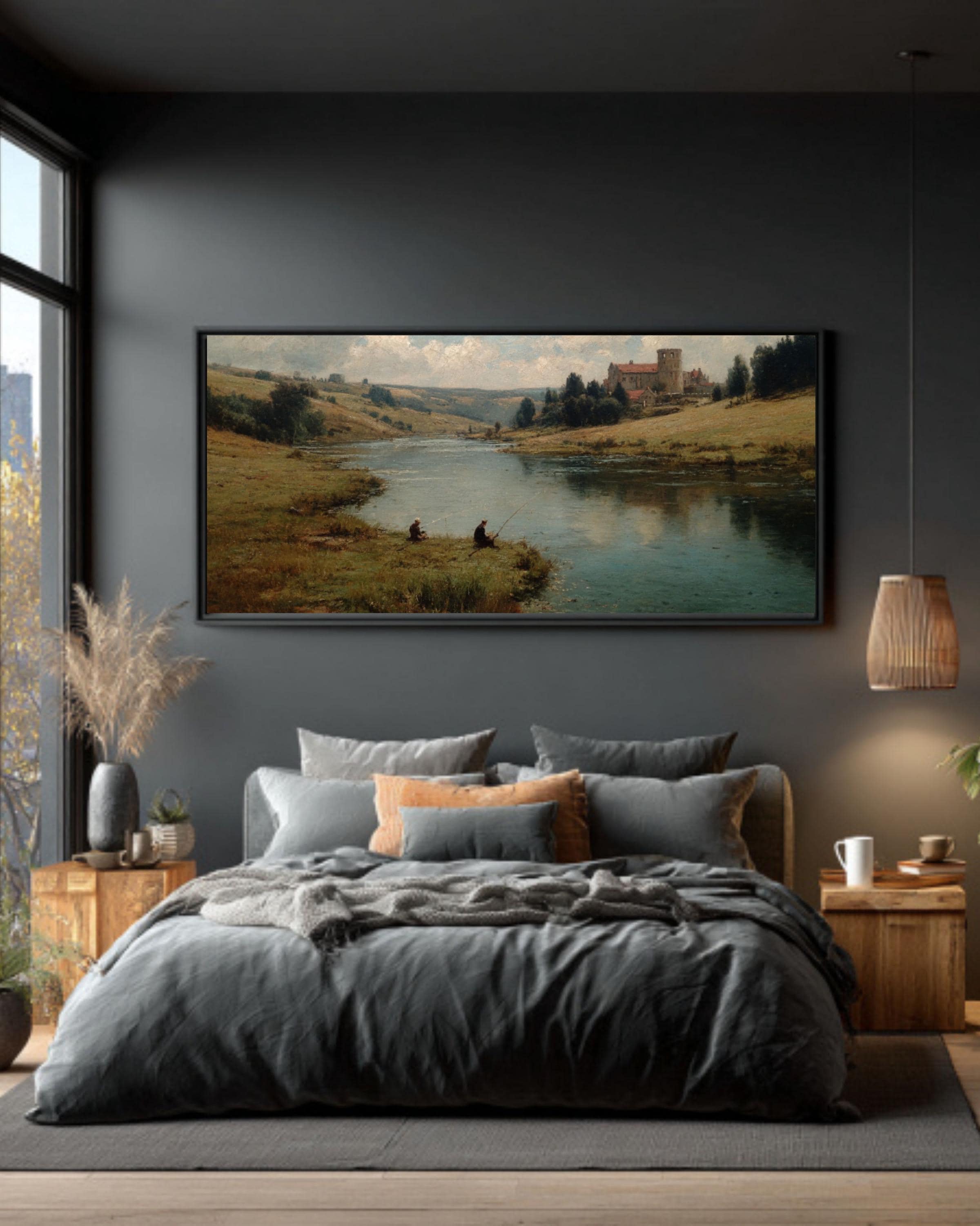 English Lake Landscape Wall Art – Vintage Fishing Scene Canvas