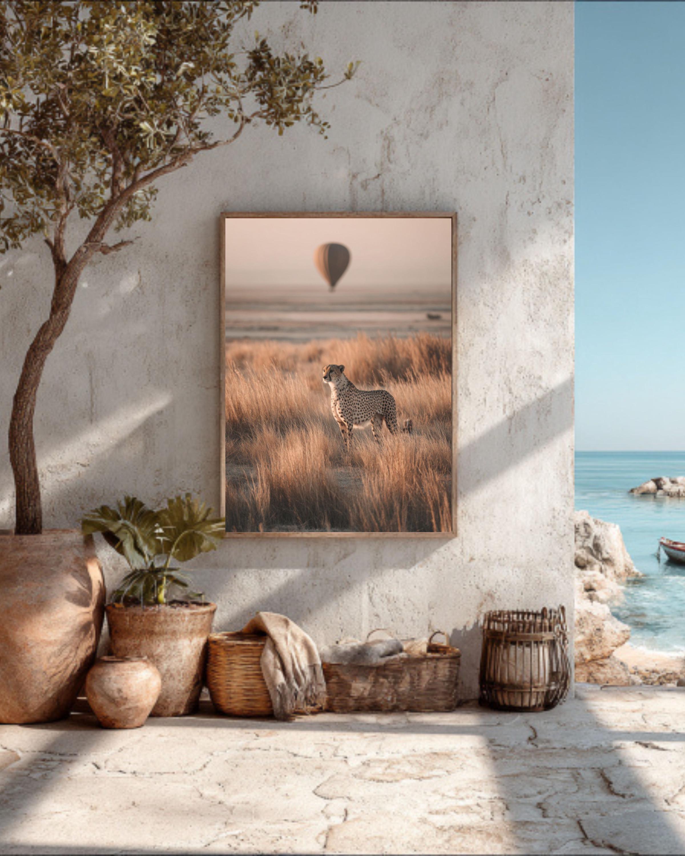 Cheetah and Hot Air Balloon Wall Art – Beige Safari Landscape Canvas